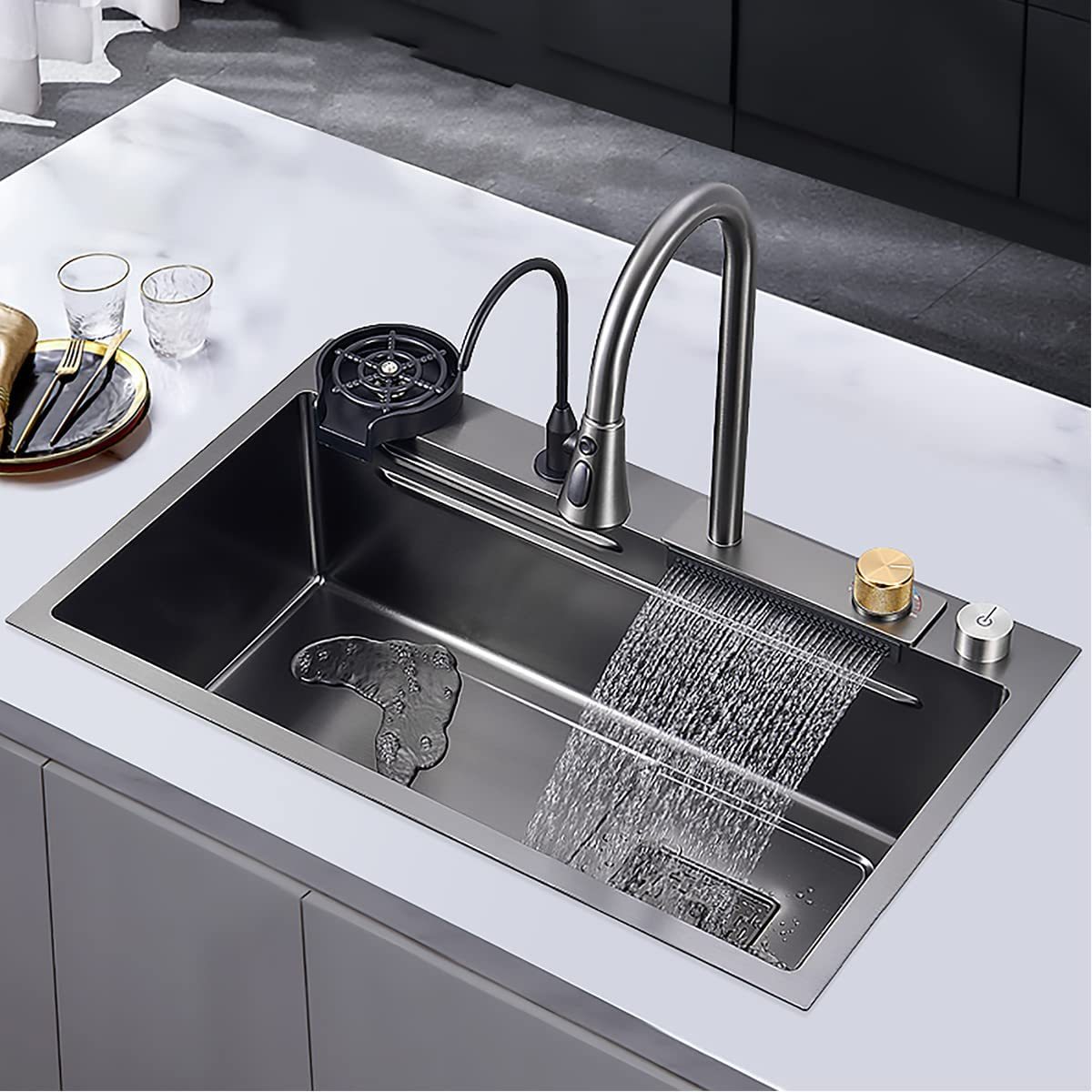 33x22 Inch Stainless Steel Single Bowl Kitchen Sink with Pull-Down Waterfall Faucet Set