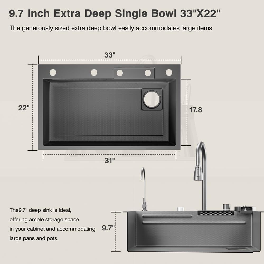 33x22 Inch Stainless Steel Single Bowl Kitchen Sink with Pull-Down Waterfall Faucet Set