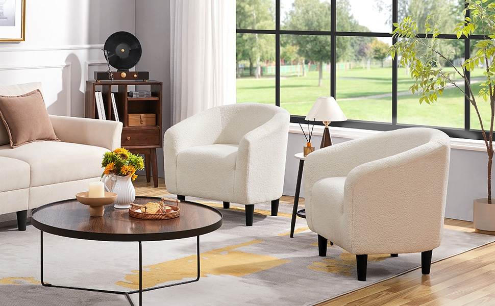 Costoffs Boucle Barrel Accent Chair with Arms, Upholstered Armchair for Living Room, Bedroom, Furniture for Home, Stylish and Comfortable Club Chair for Bedroom, Ivory/Black/Dark Gray/Blue/Yellow