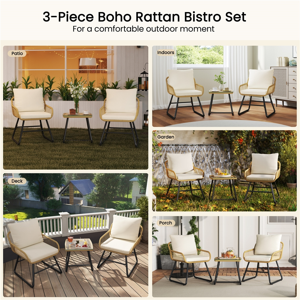 Costoffs 3pcs/4pcs Boho Patio Furniture Sets: Outdoor Wicker Bistro & Conversation Sets with Cushions for Balcony, Porch, Backyard, and Garden, Stylish and Comfortable Outdoor Patio Furniture, Cream/Black