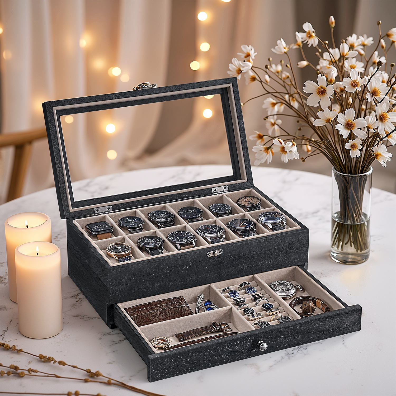 Boîte De Rangement Pour Montres 20 Emplacements - Présentoir En Simili Cuir Noir Et Rouge - Neuf Avec étiquettes