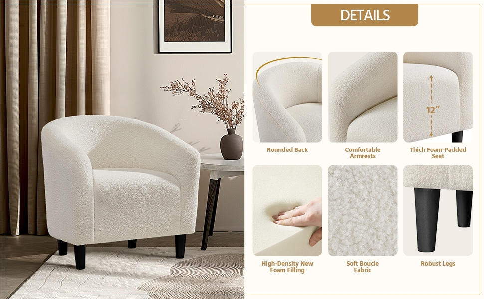 Costoffs Boucle Barrel Accent Chair with Arms, Upholstered Armchair for Living Room, Bedroom, Furniture for Home, Stylish and Comfortable Club Chair for Bedroom, Ivory/Black/Dark Gray/Blue/Yellow