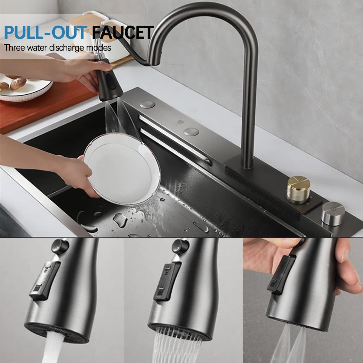 33x22 Inch Stainless Steel Single Bowl Kitchen Sink with Pull-Down Waterfall Faucet Set