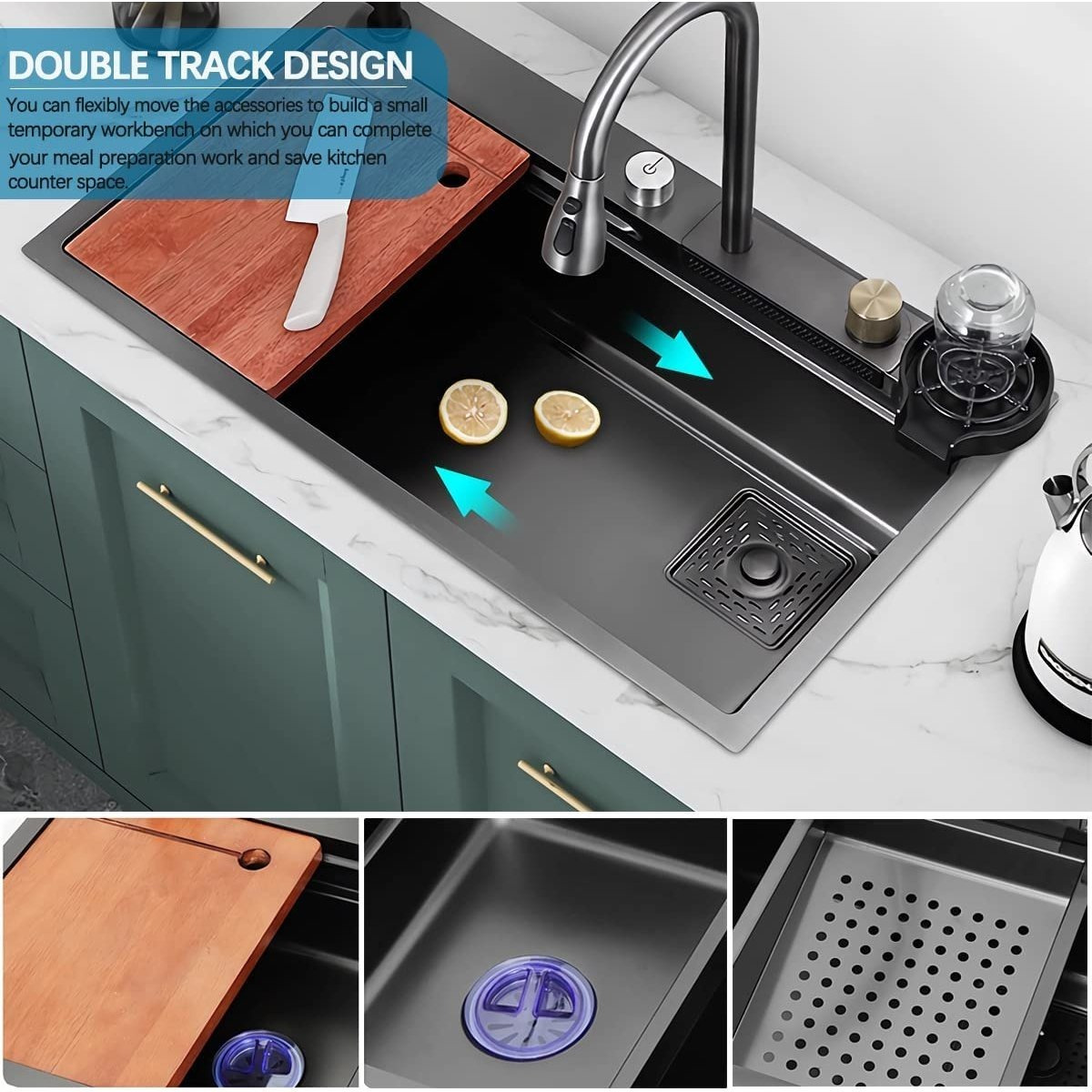 33x22 Inch Stainless Steel Single Bowl Kitchen Sink with Pull-Down Waterfall Faucet Set