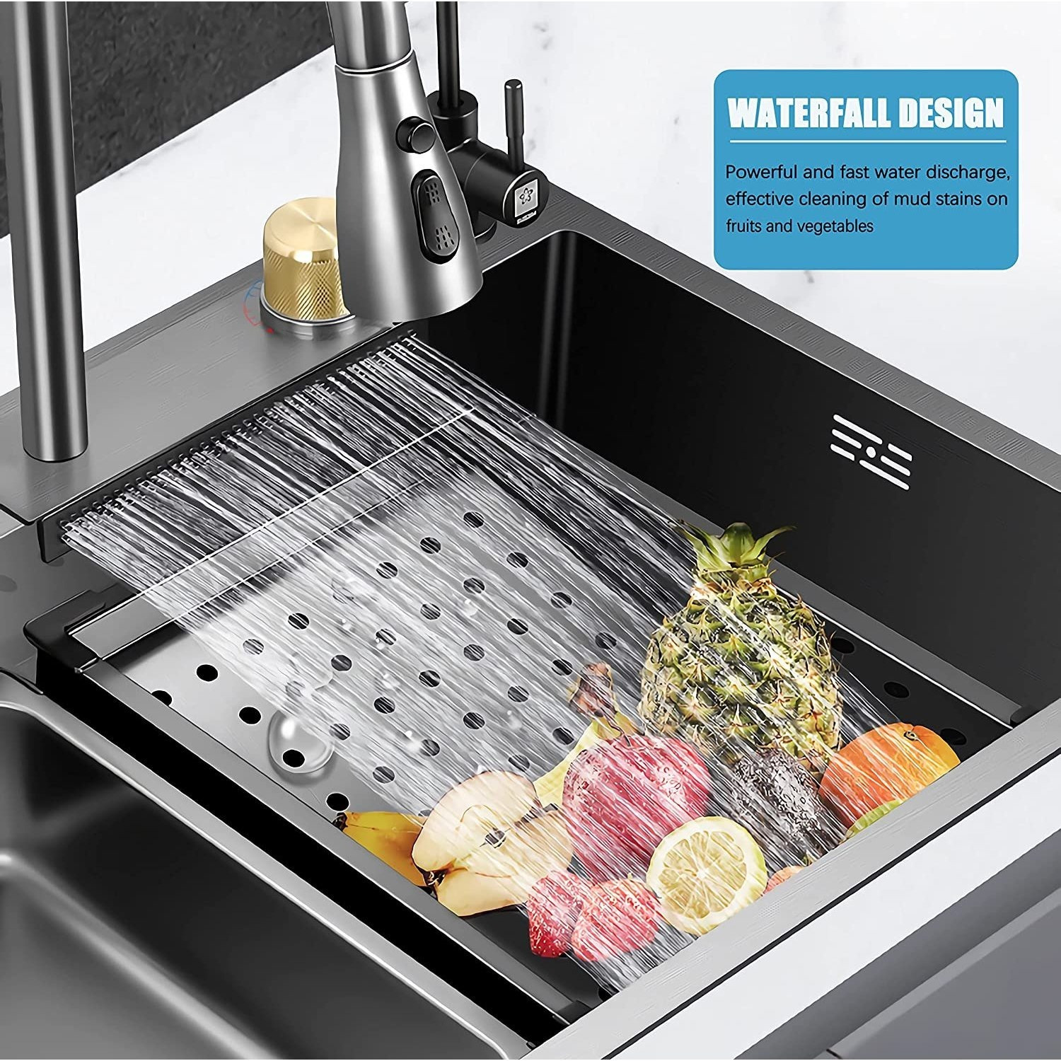 33x22 Inch Stainless Steel Single Bowl Kitchen Sink with Pull-Down Waterfall Faucet Set