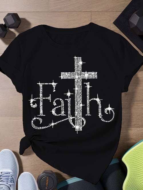 2025 spring faith themed short sleeve t shirt for women embellished with cross and rhinestones stylish and trendy 100 cotton