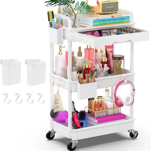 3 4 tier rolling utility cart organizer with removable drawer stable and sturdy white rolling storage carts with 2 lockable wheels for bathroom craft makeup