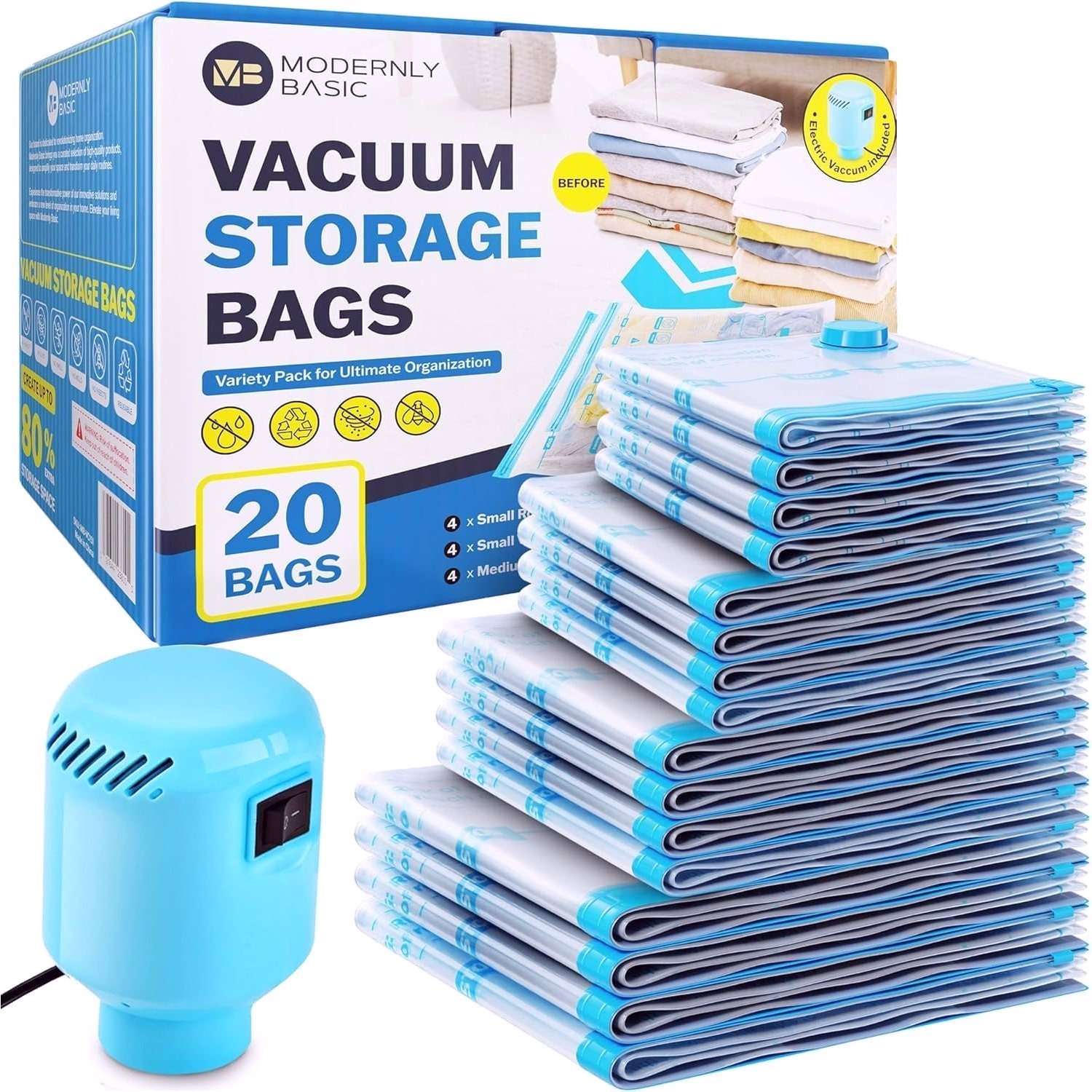 TEMU 20 Pack Vacuum Storage Bags With Electric Pump, (4 Jumbo/4 Large/ 4 Medium/ 4 Small/ 4 Roll) Vacuum Sealed Bags For Clothing, Comforters, Blankets, Bedding - Space Saver Vacuum Storage Bags