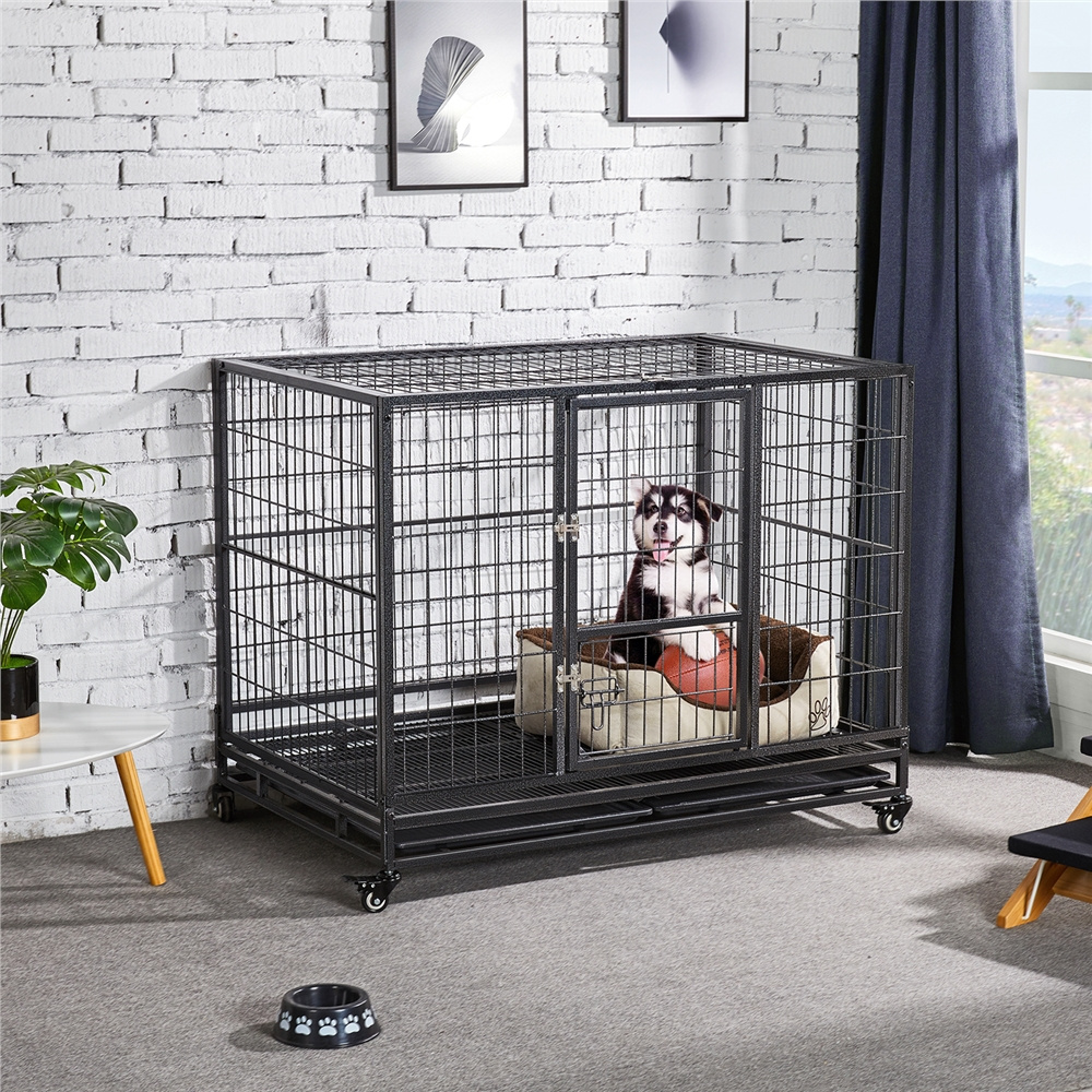 

29/35"h Crate Rolling Heavy Duty Dog Cage With 2 Stainless-steel Bowls, Removable Divider, 2 Pull-out Trays For Dogs, Black