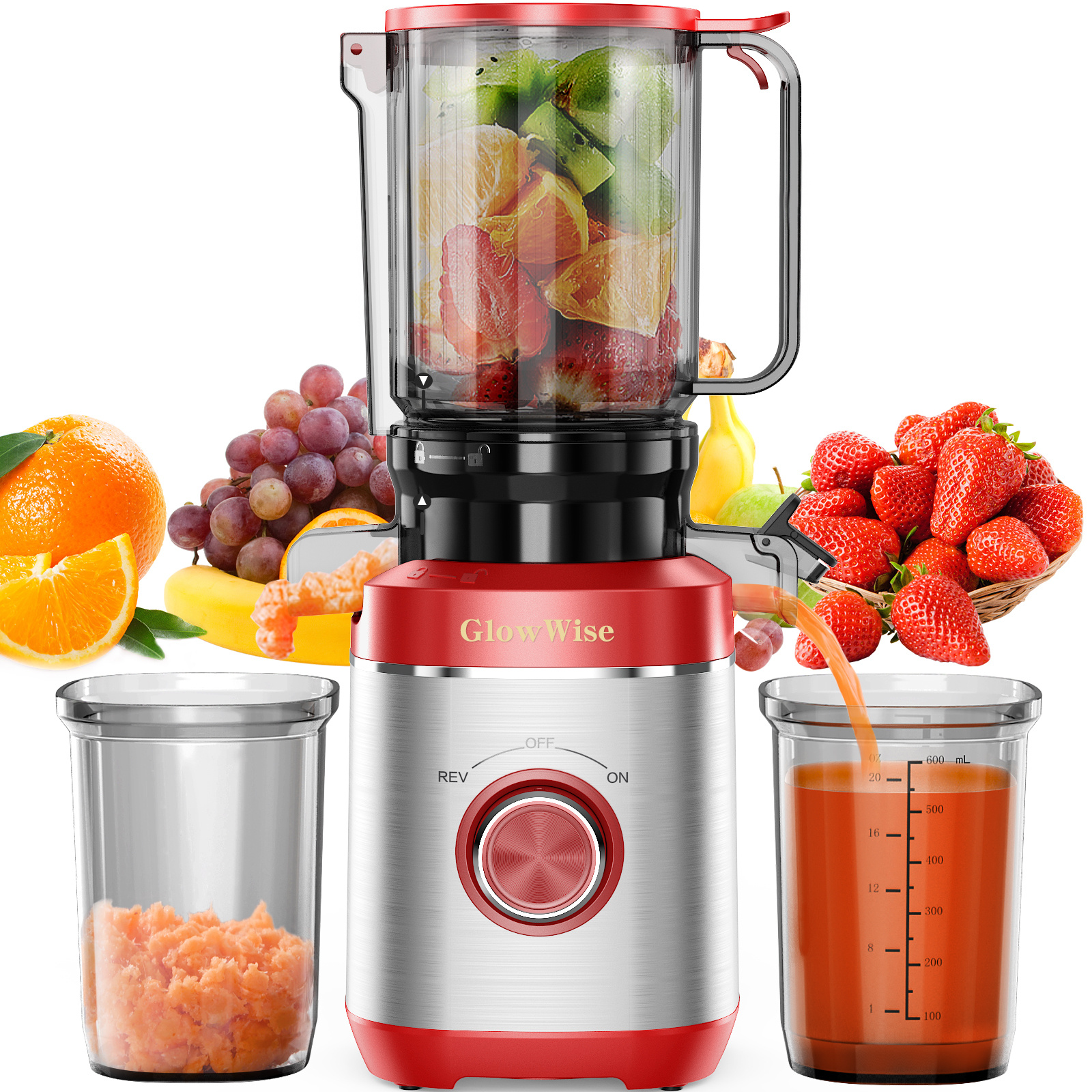TEMU Glowwise Juicer Machines With Built-in Blades For Slicing Whole Fruits & Vegetables, Cold Press Juicer With 4.35" Large Feeding Chute, Easy To Clean, Quiet Masticating Juicer With