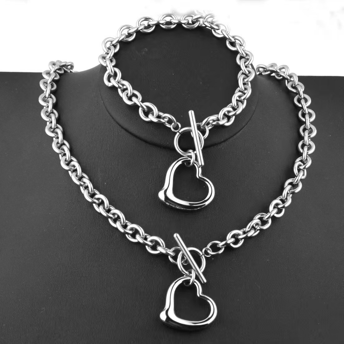 TEMU [elegant Heart Set] Stainless Pendant Necklace & Bracelet Set For Women - Elegant, Or Vacation