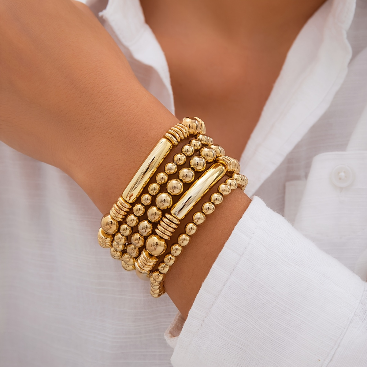 TEMU 5pcs/set Metal Bead Decorative Bracelet Simple Punk Style Fashion Women's Bracelet Fashion Jewelry Set
