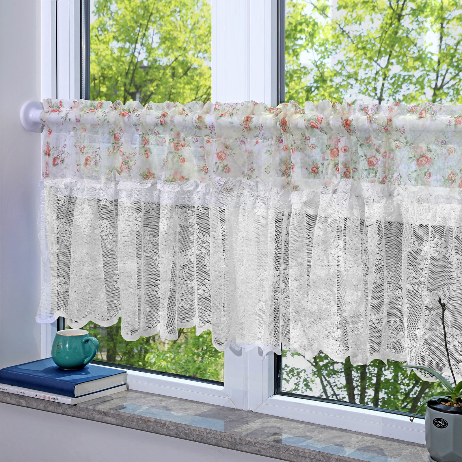 TEMU 1 Piece Elegant White Lace Sheer Window Valance, Vintage Flowers Design, Rod Pocket Curtain For Kitchen, Caf&eacute;, Dining, And Bathroom Decor