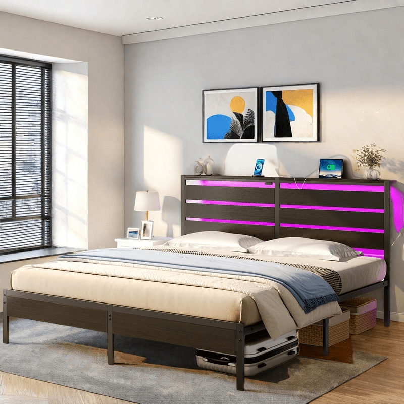 

Bed Frame Twin/full/queen/king Size With Usb Charging Station, Led Bed Frame With Wood Storage Headboard, Black Metal Platform Bed With Under Bed Storage, Spring Needed,