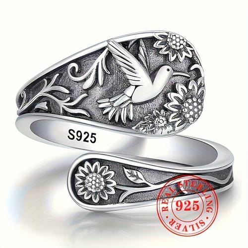 s925 sterling silver vintage floral and bird pattern ring adjustable bohemian style open band for women men fashionable jewelry for party vacation and daily casual wear 3g