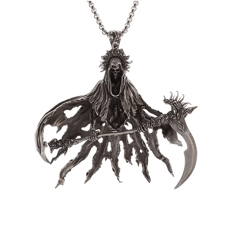 TEMU Gothic Reaper Necklace For Men - Stainless Steel Skeleton Pendant With | Intricate Design, Punk Rock & Gothic Style Jewelry | 60cm Adjustable Chain
