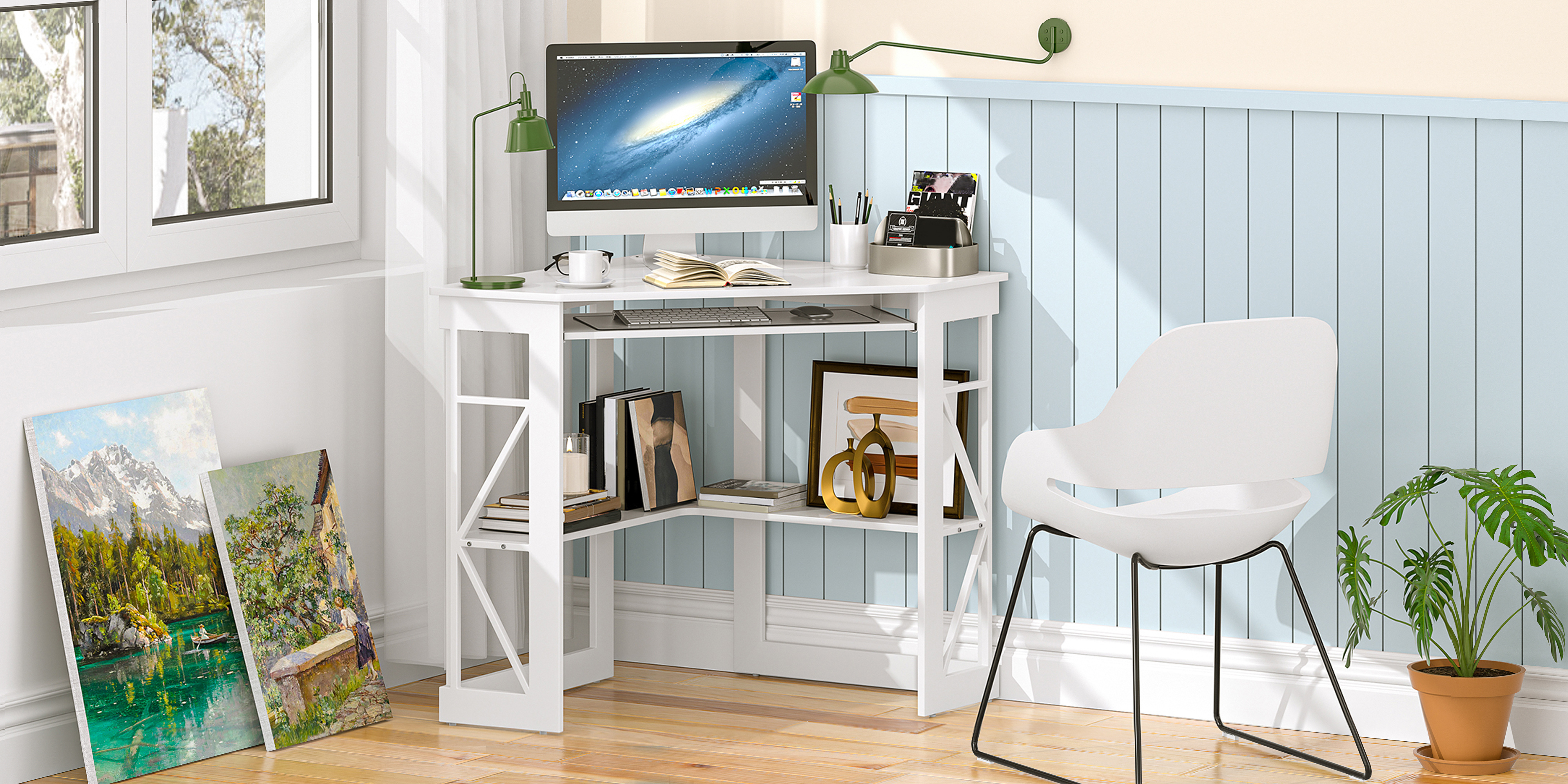 Corner Computer Desk with Charging Station and Keyboard Shelf, Triangle Table with Storage Shelves for Home Office Bedroom