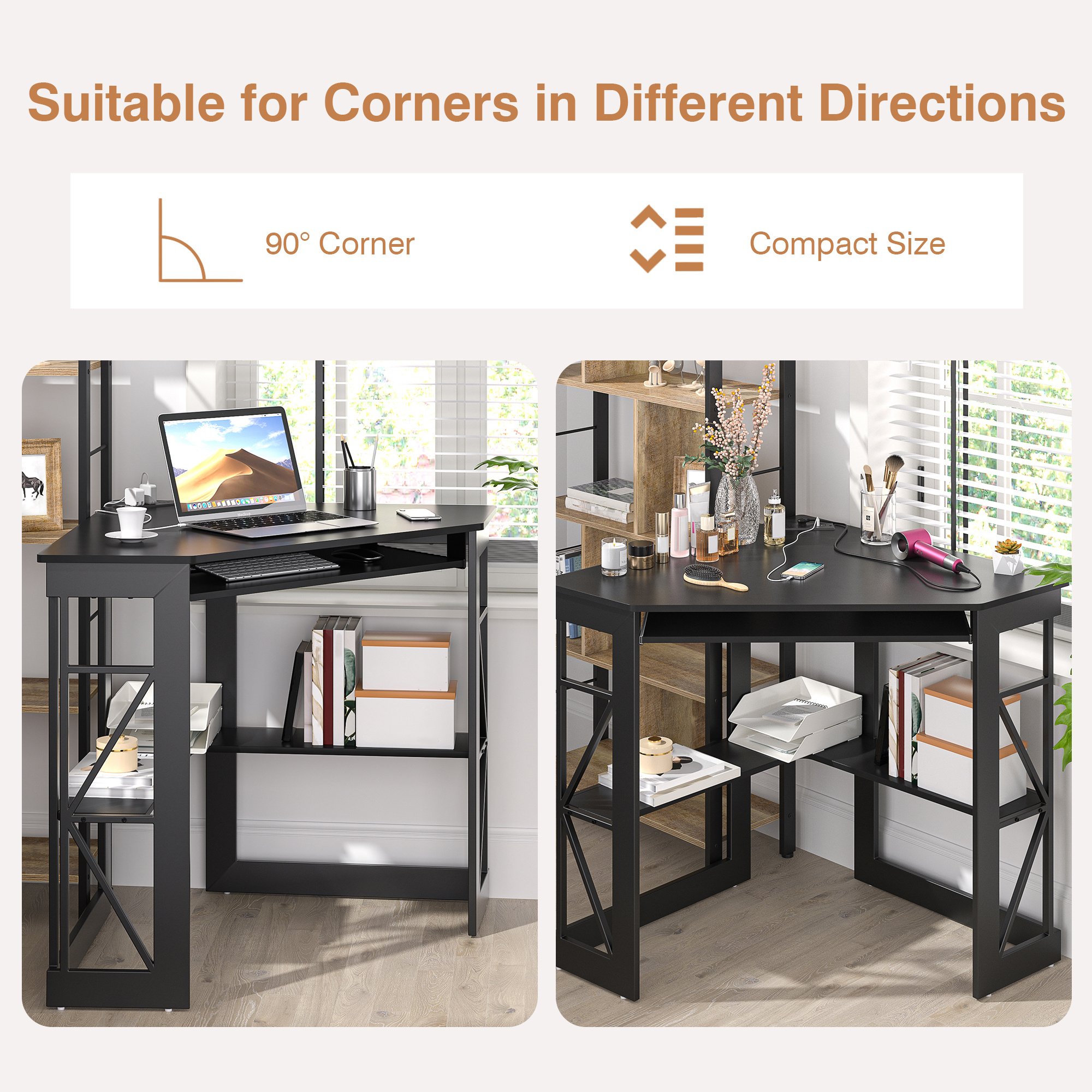 Corner Computer Desk with Charging Station and Keyboard Shelf, Triangle Table with Storage Shelves for Home Office Bedroom