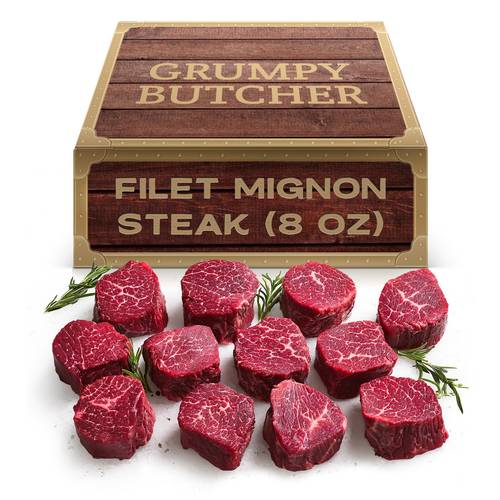 grumpy butcher large steaks 24 pack 8 oz each prime size beef tenderloin filet steak meats
