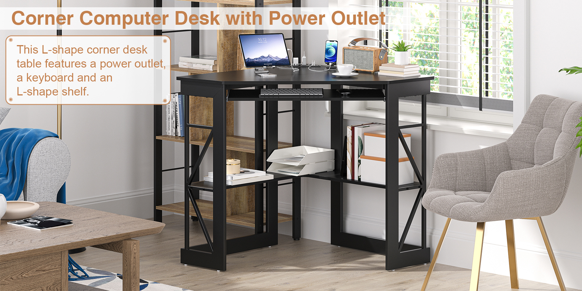 Corner Computer Desk with Charging Station and Keyboard Shelf, Triangle Table with Storage Shelves for Home Office Bedroom