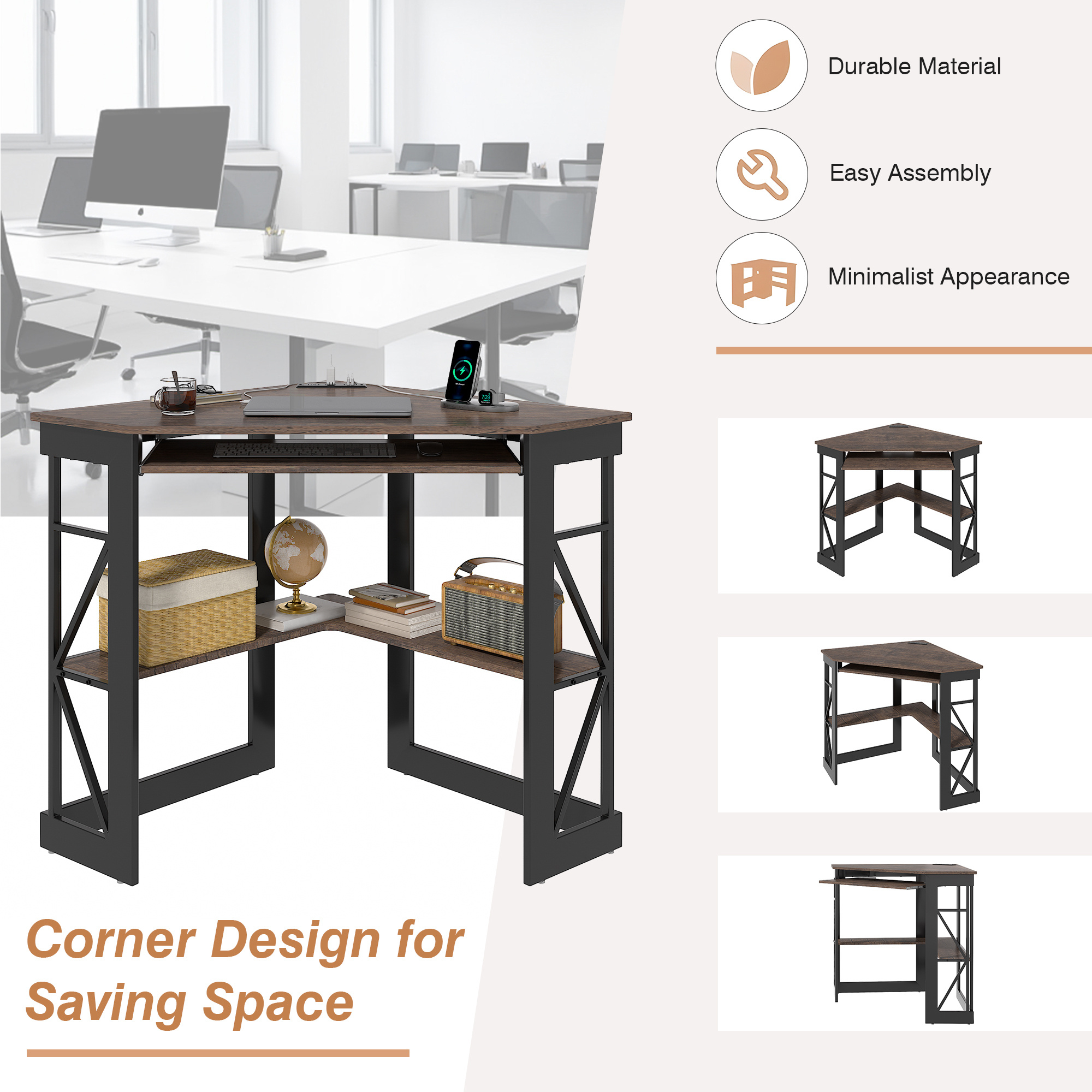 Corner Computer Desk with Charging Station and Keyboard Shelf, Triangle Table with Storage Shelves for Home Office Bedroom