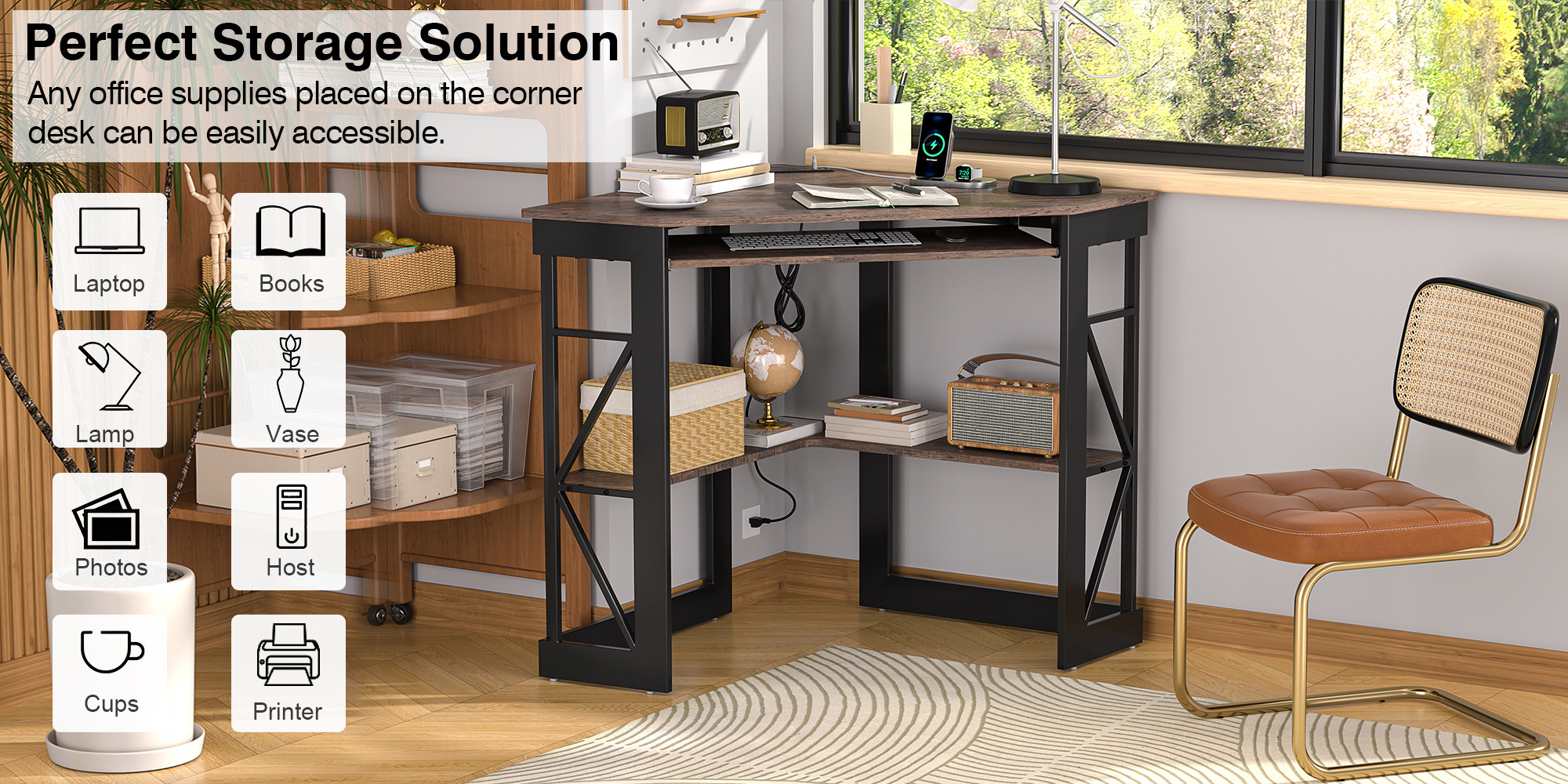 Corner Computer Desk with Charging Station and Keyboard Shelf, Triangle Table with Storage Shelves for Home Office Bedroom