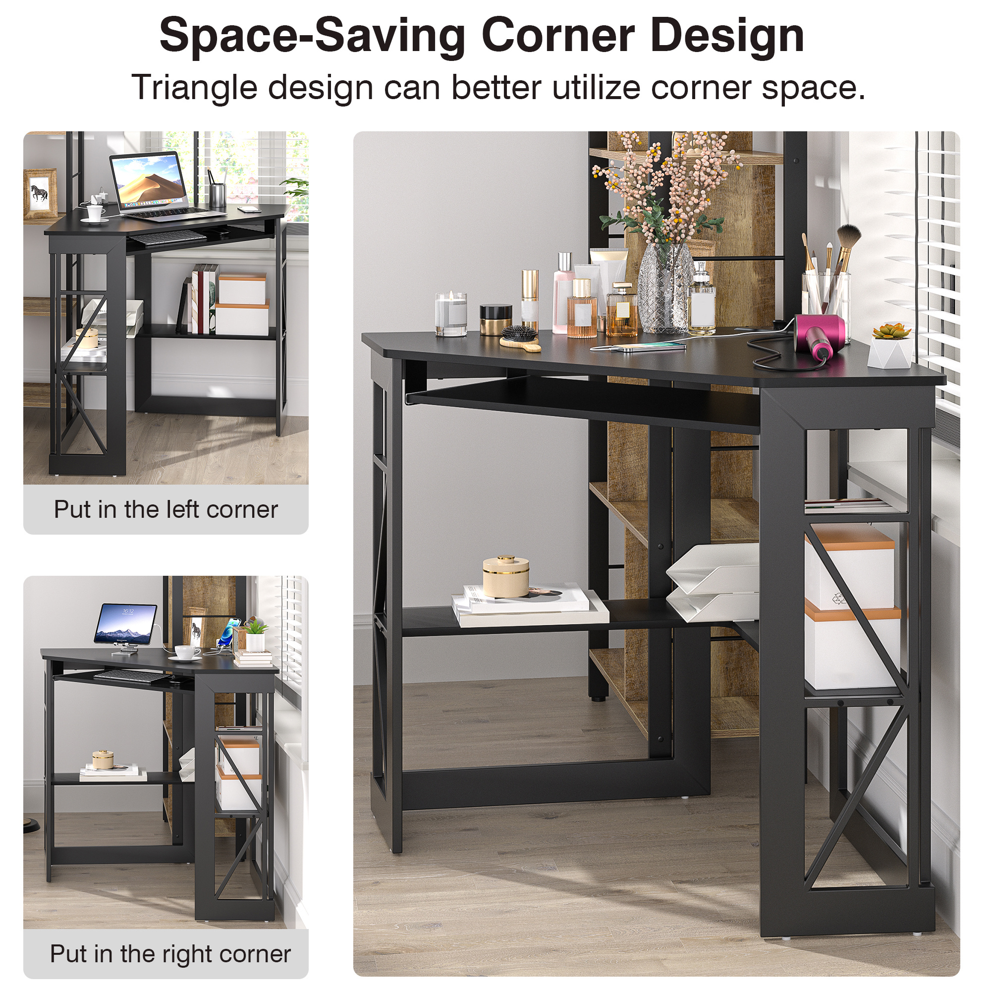 Corner Computer Desk with Charging Station and Keyboard Shelf, Triangle Table with Storage Shelves for Home Office Bedroom