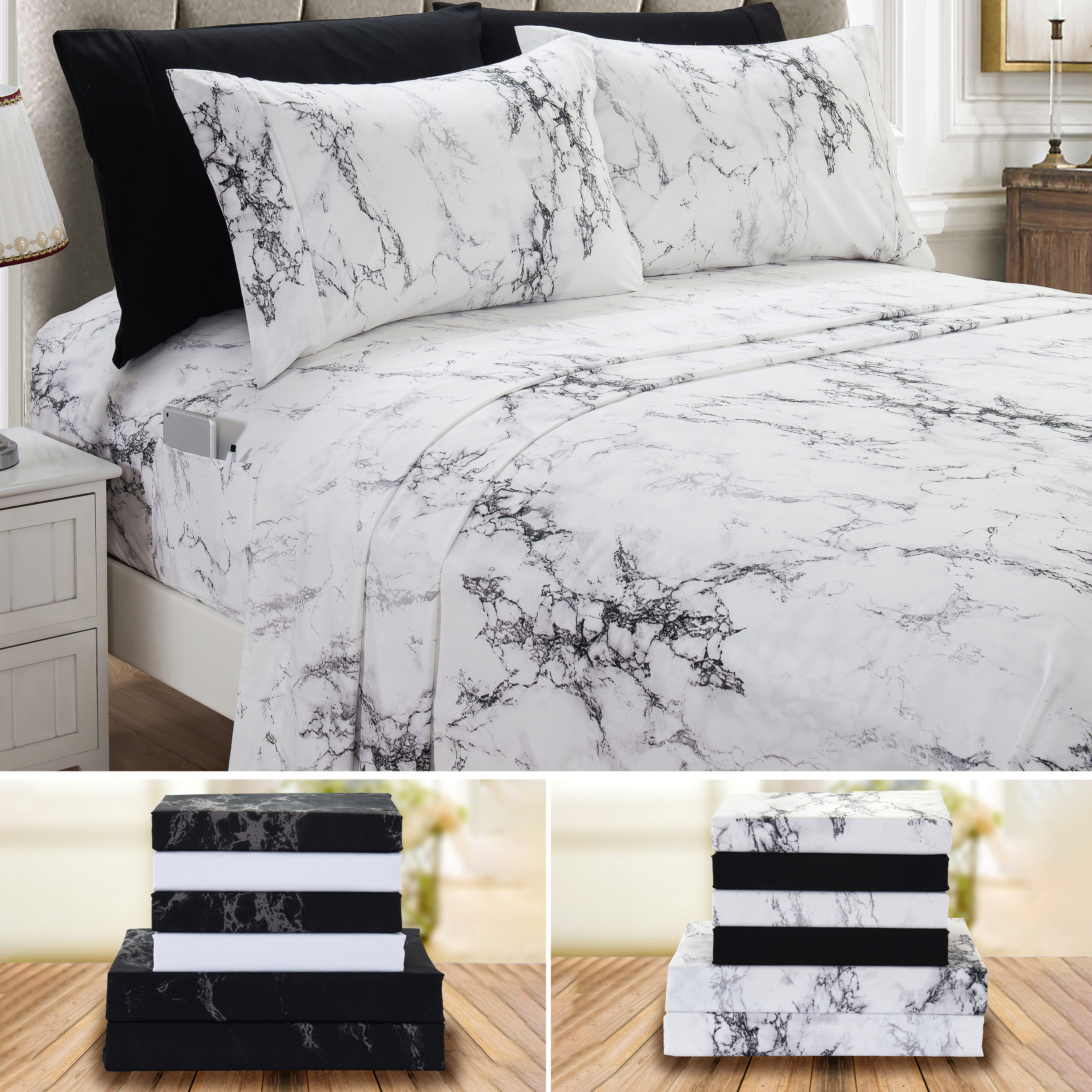 TEMU Elegant Luxury 4/6pcs Marble Sheet Set 16 Inch Deep Pockets - Ultra Soft Machine Washable Luxury 6-piece Bed Sheet Set - Fade And Wrinkle