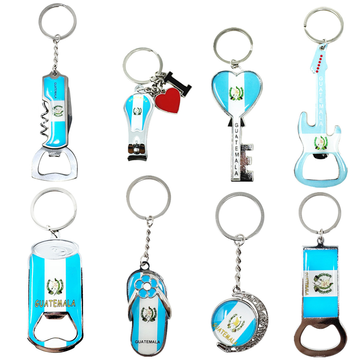 TEMU 8 Pack Guatemala Keychains Country Metal Keychain, 4 Bottle Opener, Corkscrew & Blade, Heart-shaped Key, Slides, Guitar, Nail Clipper, Etc.