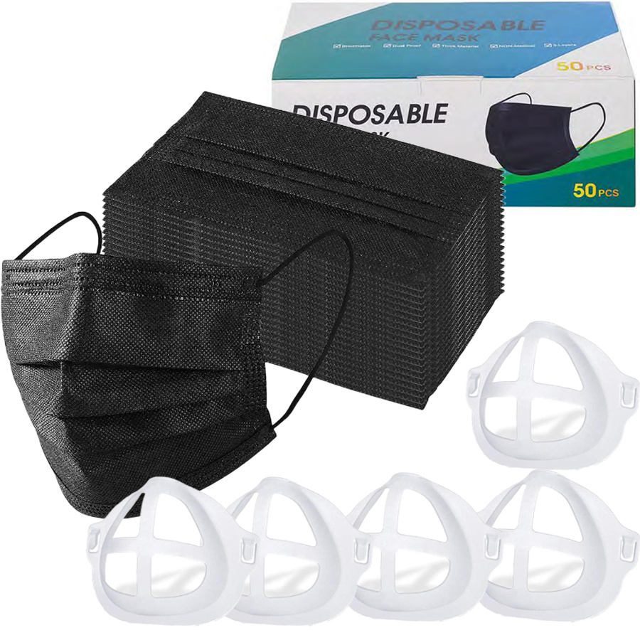 TEMU 50 Disposable Masks And 5 Mouth Brackets, Black Face Mask 3 Ply Protection Flexible Ear Loop Masks