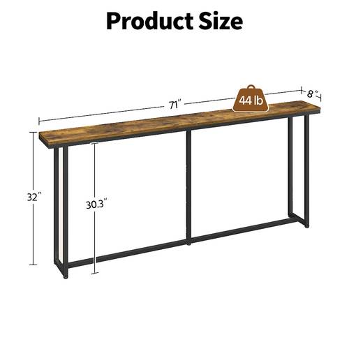 71 extended console table with matte black 44 lb weight capacity wall anchors for stability space saving sofa back table for hallway entryway living room rustic brown gray