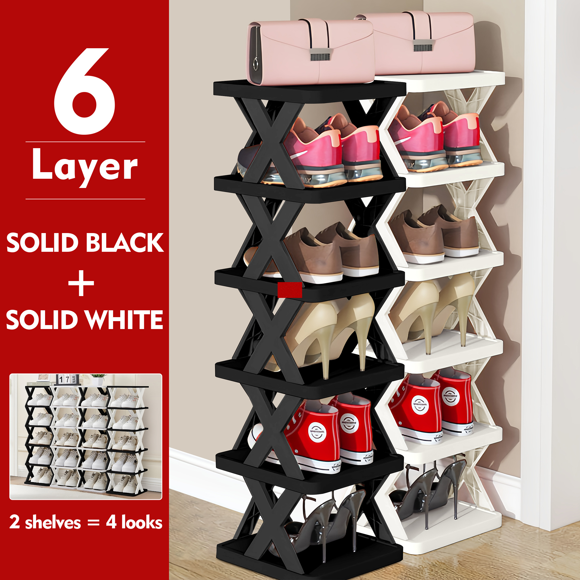 6/9 Tier Narrow Shoe Rack, Small Vertical Shoe Stand, Space Saving DIY Free Standing Shoes Storage Organizer for Entryway, Closet, Hallway, Easy Assembly and Stable in Structure, White and Green / Black / Blue