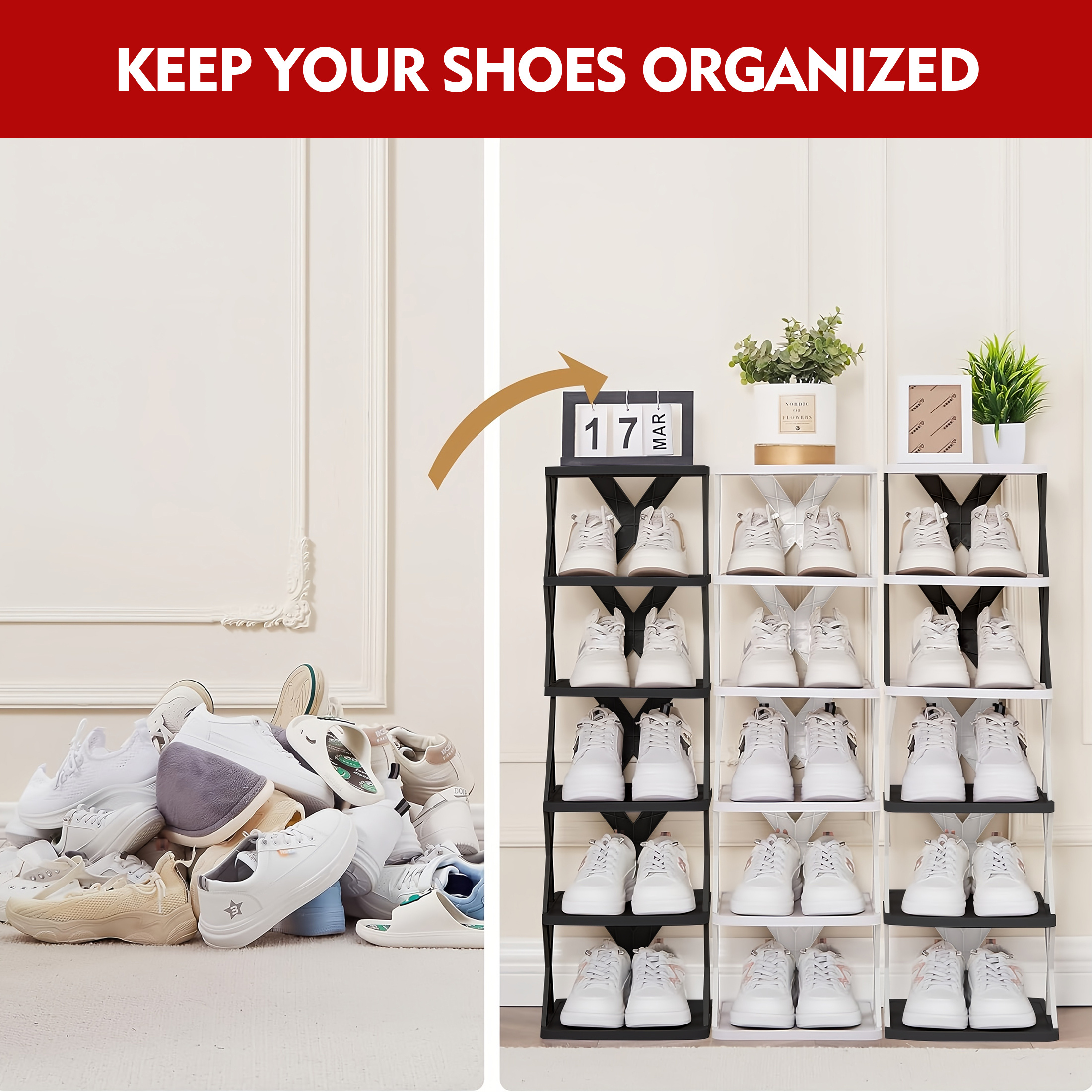 6/9 Tier Narrow Shoe Rack, Small Vertical Shoe Stand, Space Saving DIY Free Standing Shoes Storage Organizer for Entryway, Closet, Hallway, Easy Assembly and Stable in Structure, White and Green / Black / Blue