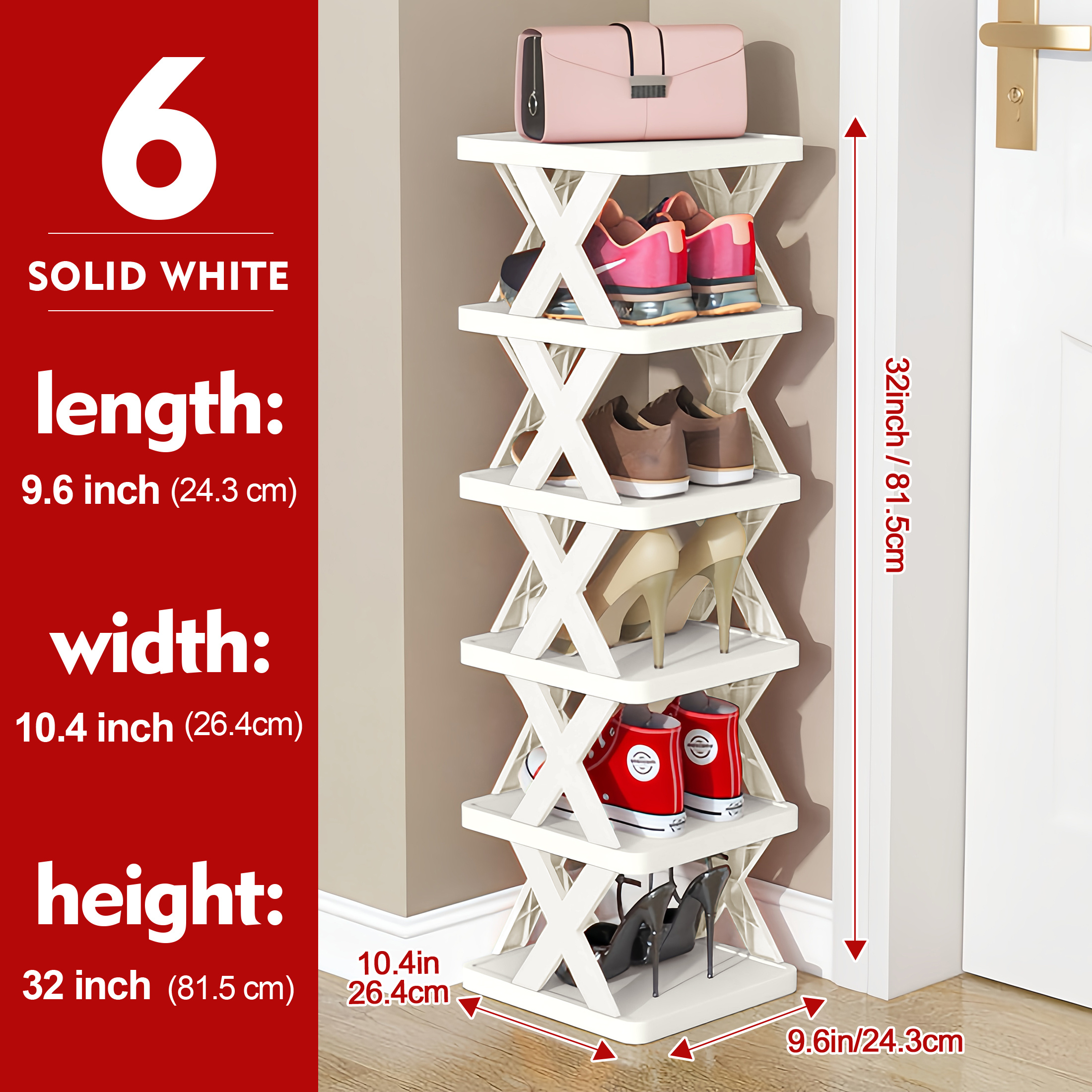 6/9 Tier Narrow Shoe Rack, Small Vertical Shoe Stand, Space Saving DIY Free Standing Shoes Storage Organizer for Entryway, Closet, Hallway, Easy Assembly and Stable in Structure, White and Green / Black / Blue