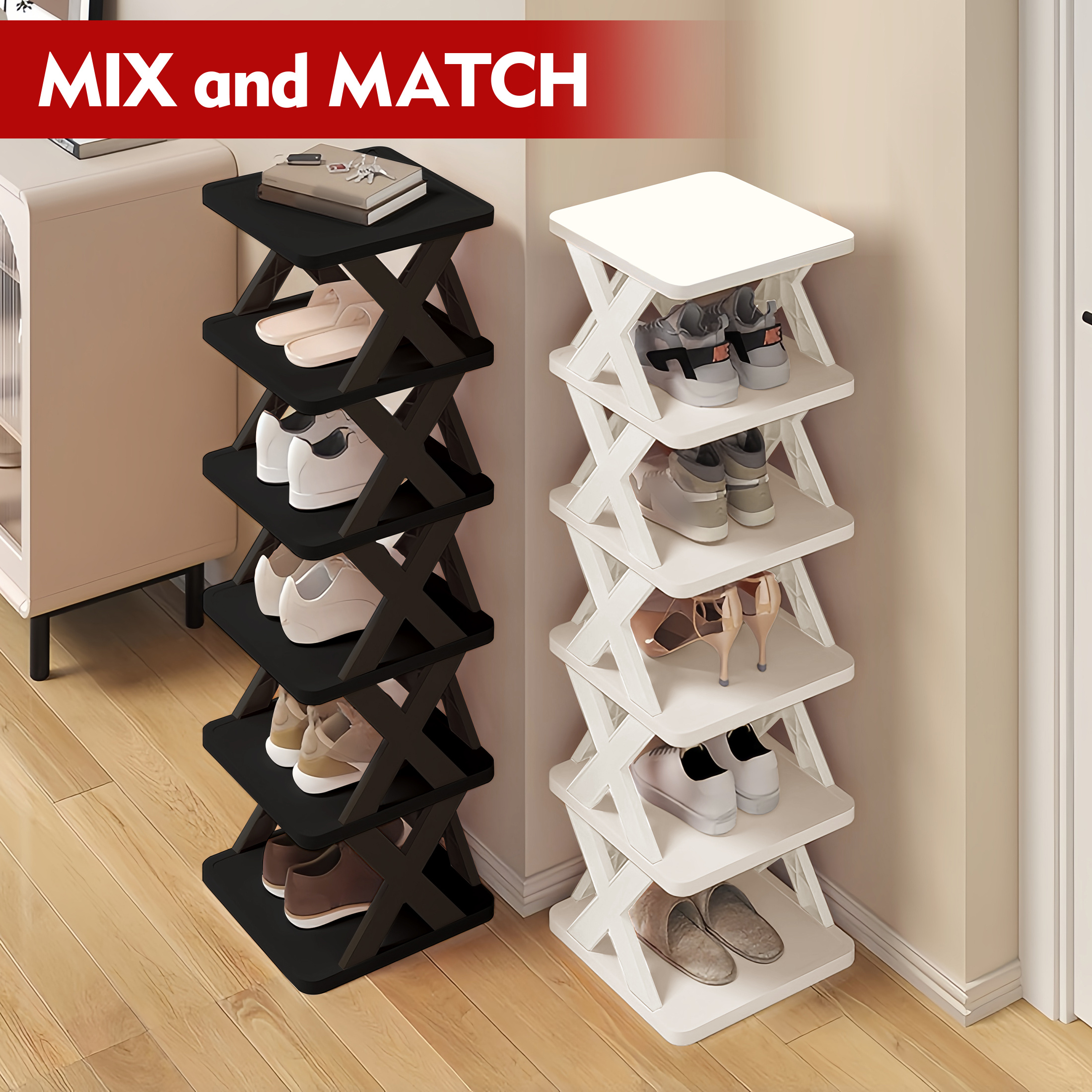 6/9 Tier Narrow Shoe Rack, Small Vertical Shoe Stand, Space Saving DIY Free Standing Shoes Storage Organizer for Entryway, Closet, Hallway, Easy Assembly and Stable in Structure, White and Green / Black / Blue