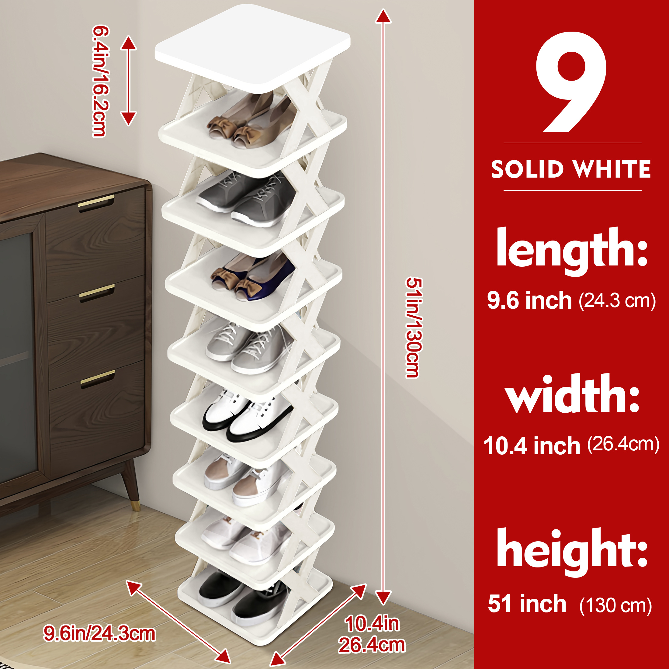 6/9 Tier Narrow Shoe Rack Give Away Shoehorns, Small Vertical Shoe Stand, Space Saving DIY Free Standing Shoes Storage Organizer for Entryway, Closet, Hallway, Easy Assembly and Stable in Structure, White and Green / Black / Blue
