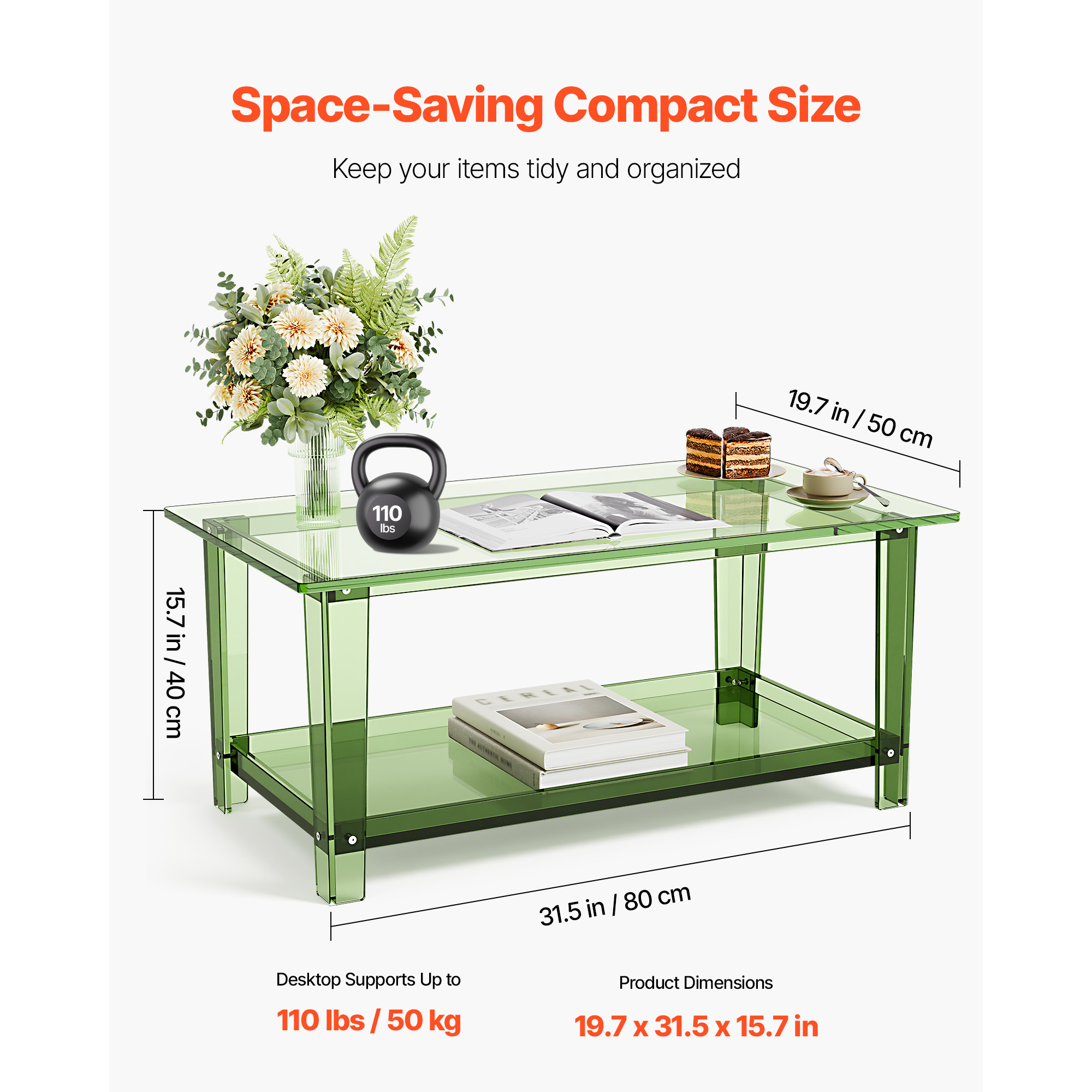 VEVOR Acrylic Coffee Table, 2 Tiers Center Table with Storage Shelf, Modern Rectangle Acrylic Coffee Desk, Ideal for Dining Room, Kitchen Island, Restaurant, Office, 19.7 x 31.5 x 15 in / 19.7 x 31.5 x 15.7 in (Green/Clear)