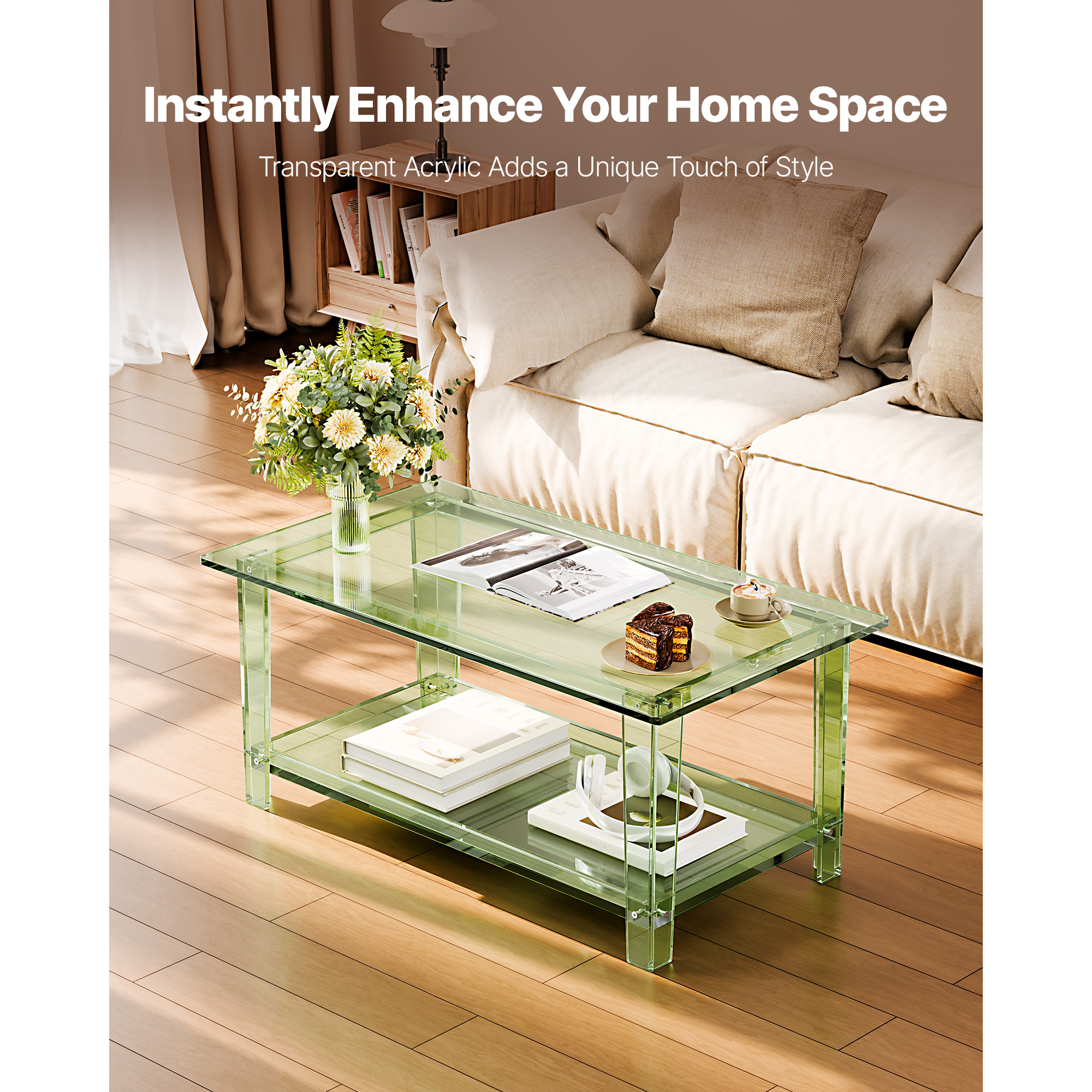 VEVOR Acrylic Coffee Table, 2 Tiers Center Table with Storage Shelf, Modern Rectangle Acrylic Coffee Desk, Ideal for Dining Room, Kitchen Island, Restaurant, Office, 19.7 x 31.5 x 15 in / 19.7 x 31.5 x 15.7 in (Green/Clear)