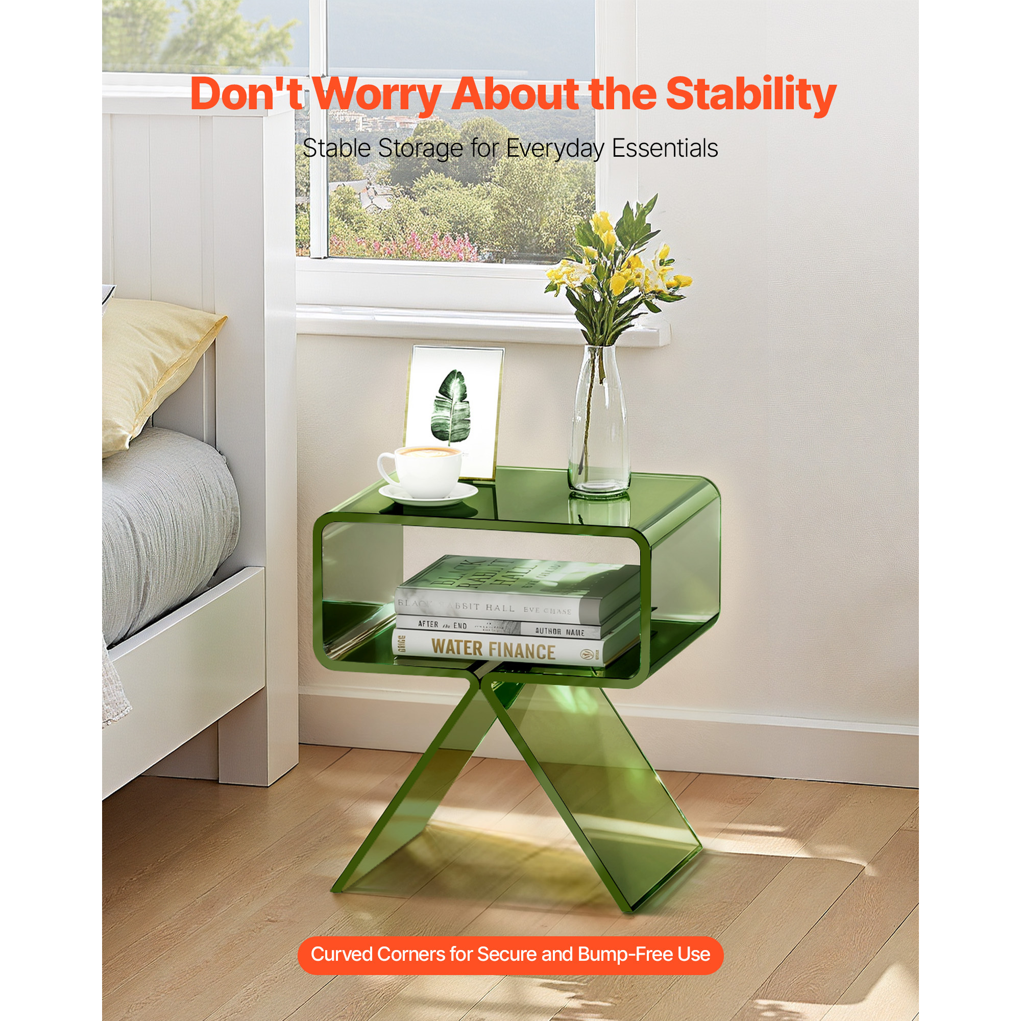 VEVOR Acrylic Nightstand Side Table, Modern Clear Bedside Table with Storage Shelf, Transparent Small End Desk for Living Room, Bedroom, Home Decor, No Assembly Needed, 11.8 x 15.4 x 17 in (Green)