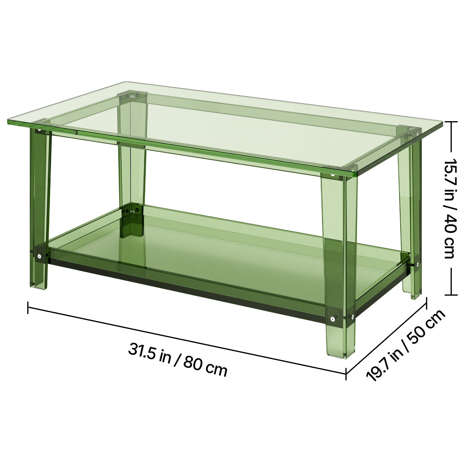 VEVOR Acrylic Coffee Table, 2 Tiers Center Table with Storage Shelf, Modern Rectangle Acrylic Coffee Desk, Ideal for Dining Room, Kitchen Island, Restaurant, Office, 19.7 x 31.5 x 15 in / 19.7 x 31.5 x 15.7 in (Green/Clear)