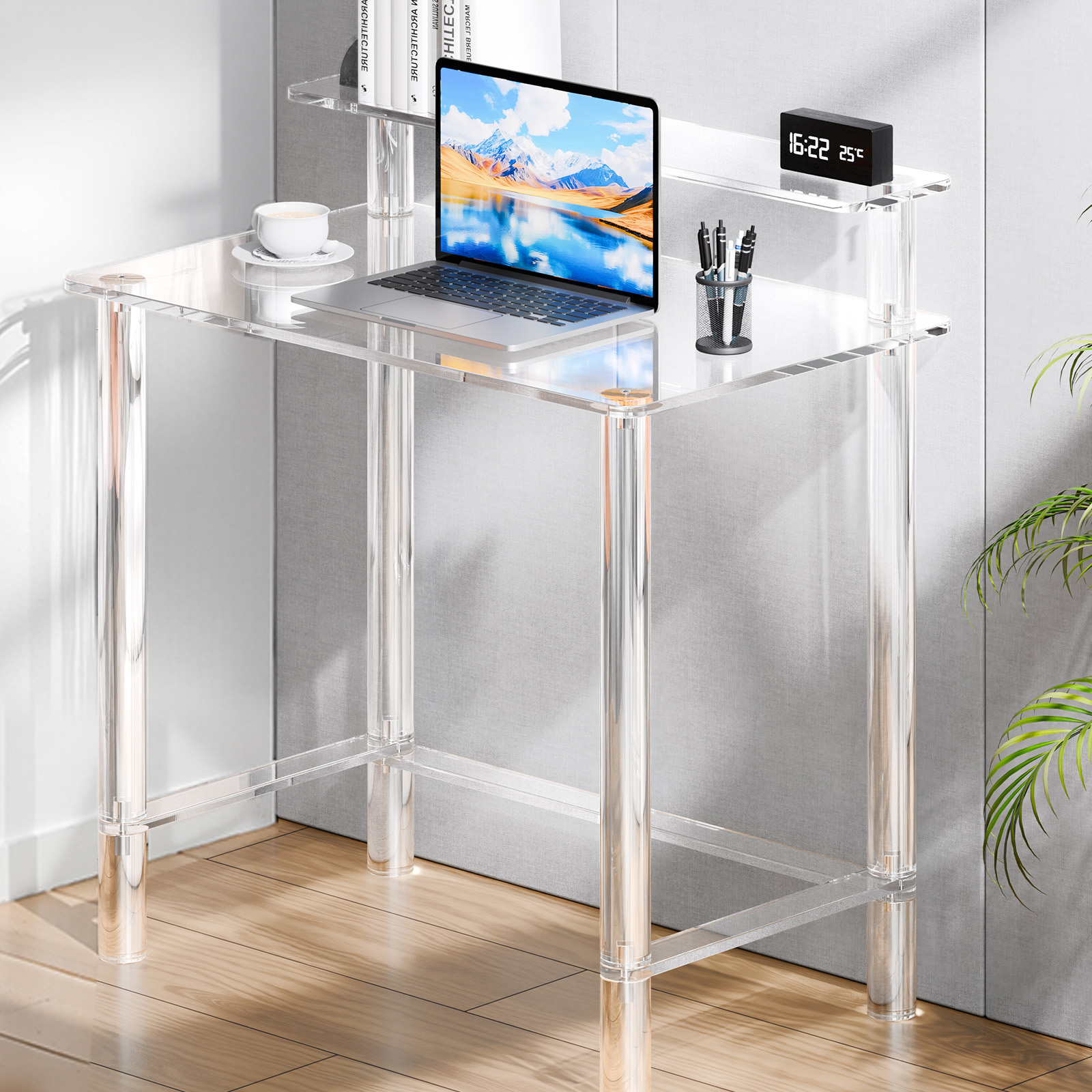 VEVOR Acrylic Table, 2 Tiers Clear Office Desk with Monitor Stand, Acrylic Study Computer Desk, Modern Side End Table Nightstand for Bedroom, Office, Study, Cloakroom, 19.7 x 31.5 x 34.7 in (Clear)