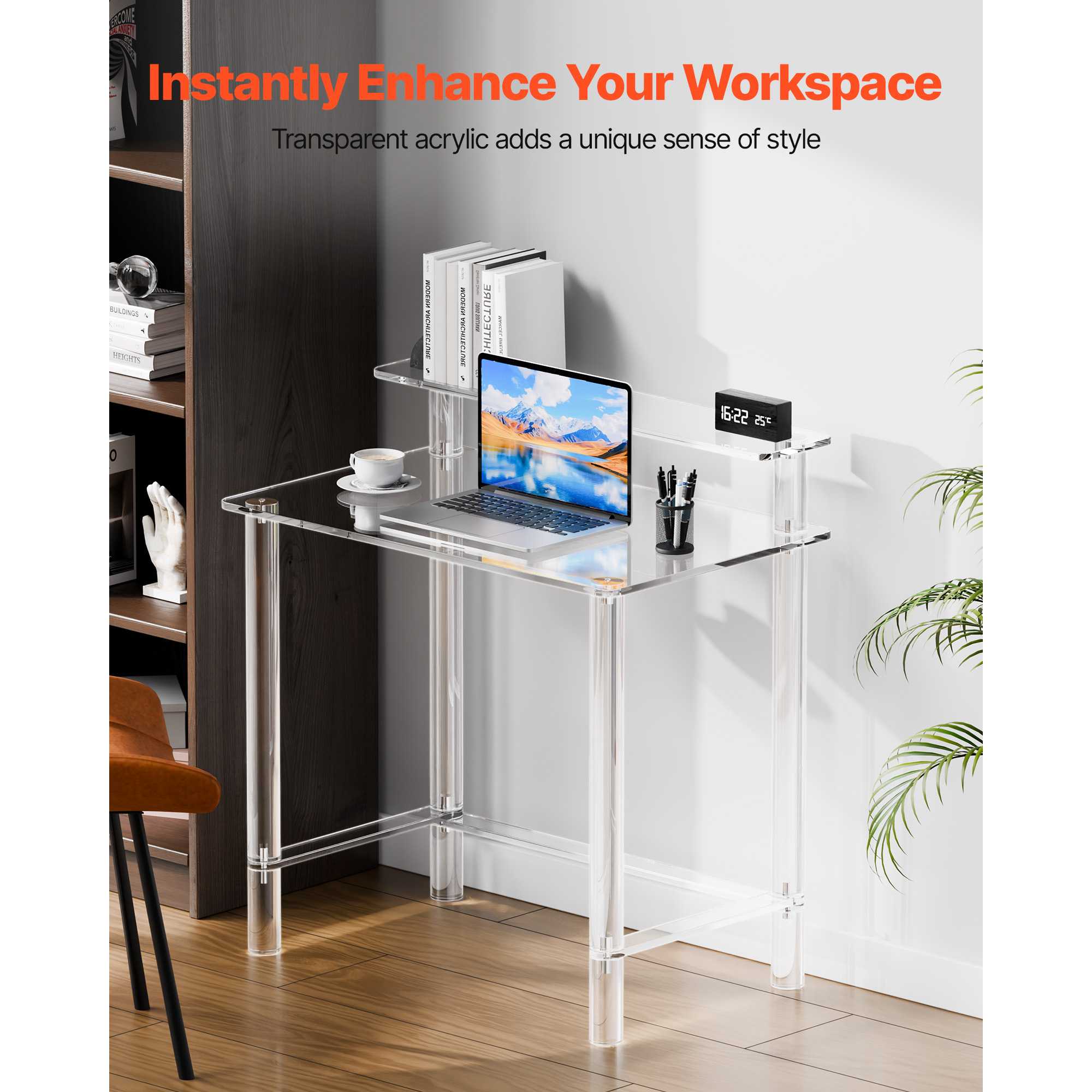 VEVOR Acrylic Table, 2 Tiers Clear Office Desk with Monitor Stand, Acrylic Study Computer Desk, Modern Side End Table Nightstand for Bedroom, Office, Study, Cloakroom, 19.7 x 31.5 x 34.7 in (Clear)