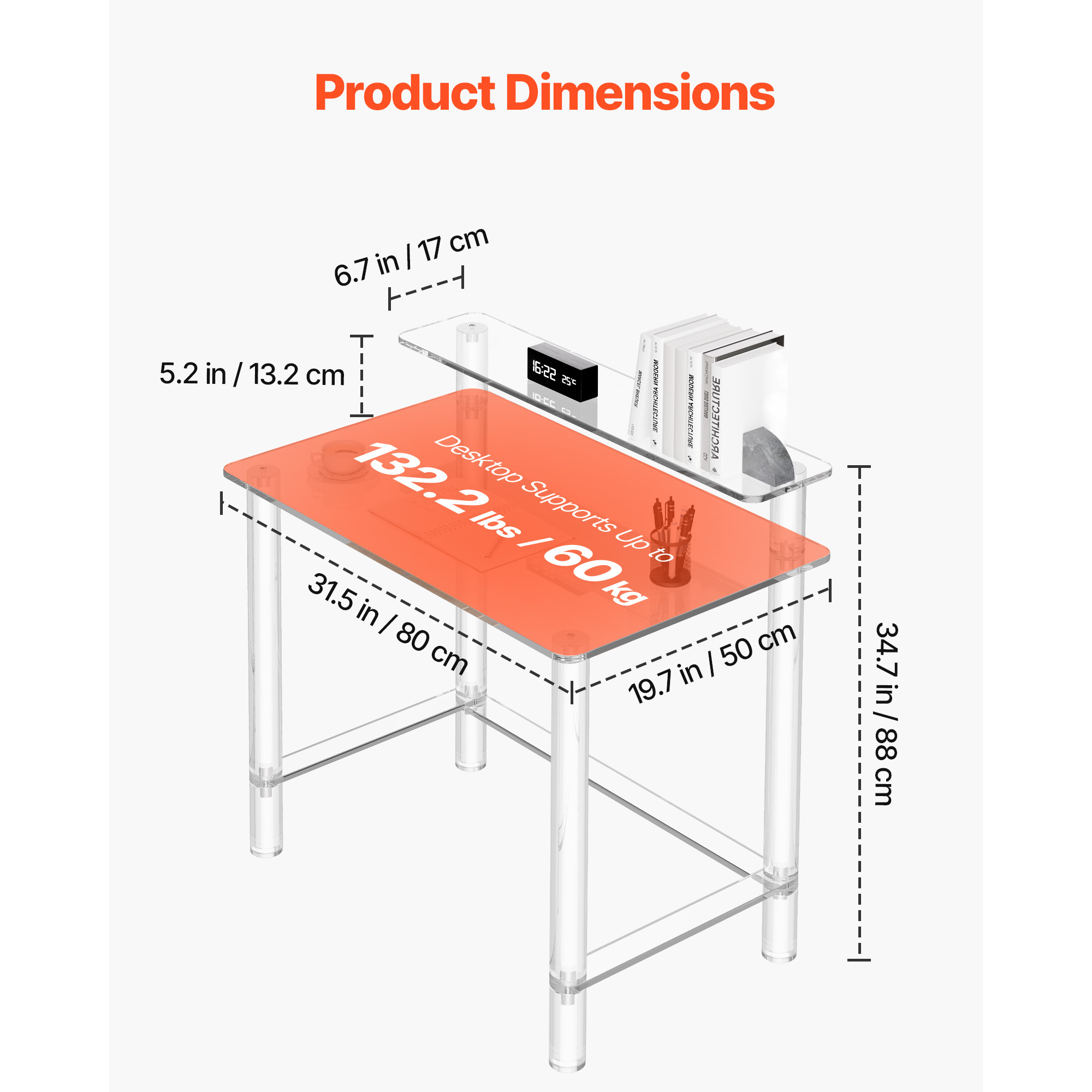 VEVOR Acrylic Table, 2 Tiers Clear Office Desk with Monitor Stand, Acrylic Study Computer Desk, Modern Side End Table Nightstand for Bedroom, Office, Study, Cloakroom, 19.7 x 31.5 x 34.7 in (Clear)