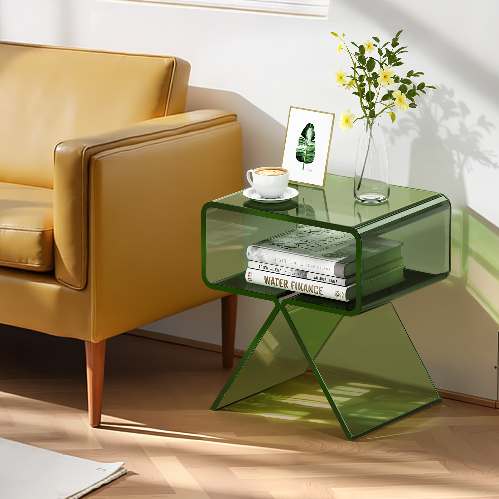 VEVOR Acrylic Nightstand Side Table, Modern Clear Bedside Table with Storage Shelf, Transparent Small End Desk for Living Room, Bedroom, Home Decor, No Assembly Needed, 11.8 x 15.4 x 17 in (Green)
