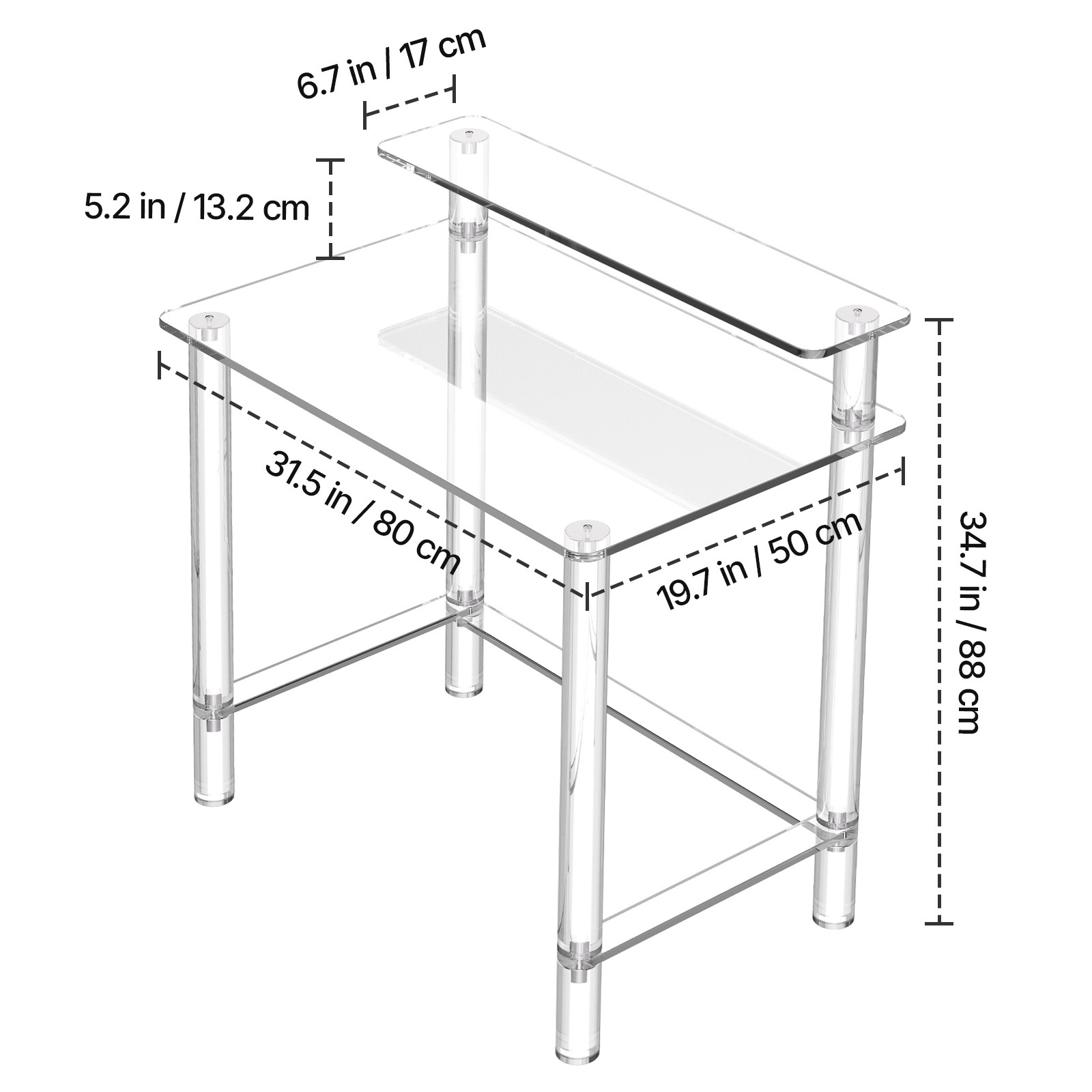 VEVOR Acrylic Table, 2 Tiers Clear Office Desk with Monitor Stand, Acrylic Study Computer Desk, Modern Side End Table Nightstand for Bedroom, Office, Study, Cloakroom, 19.7 x 31.5 x 34.7 in (Clear)