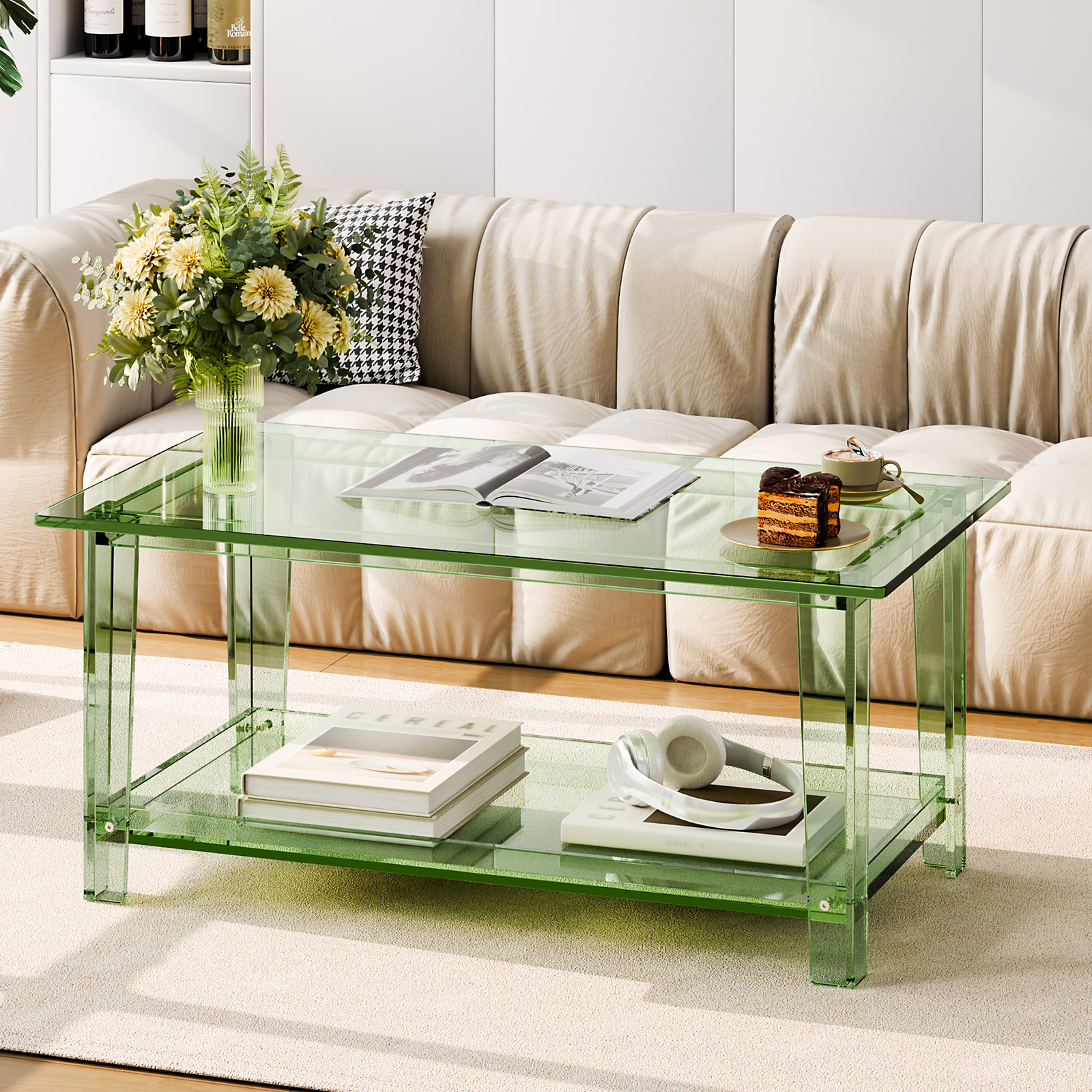 VEVOR Acrylic Coffee Table, 2 Tiers Center Table with Storage Shelf, Modern Rectangle Acrylic Coffee Desk, Ideal for Dining Room, Kitchen Island, Restaurant, Office, 19.7 x 31.5 x 15 in / 19.7 x 31.5 x 15.7 in (Green/Clear)