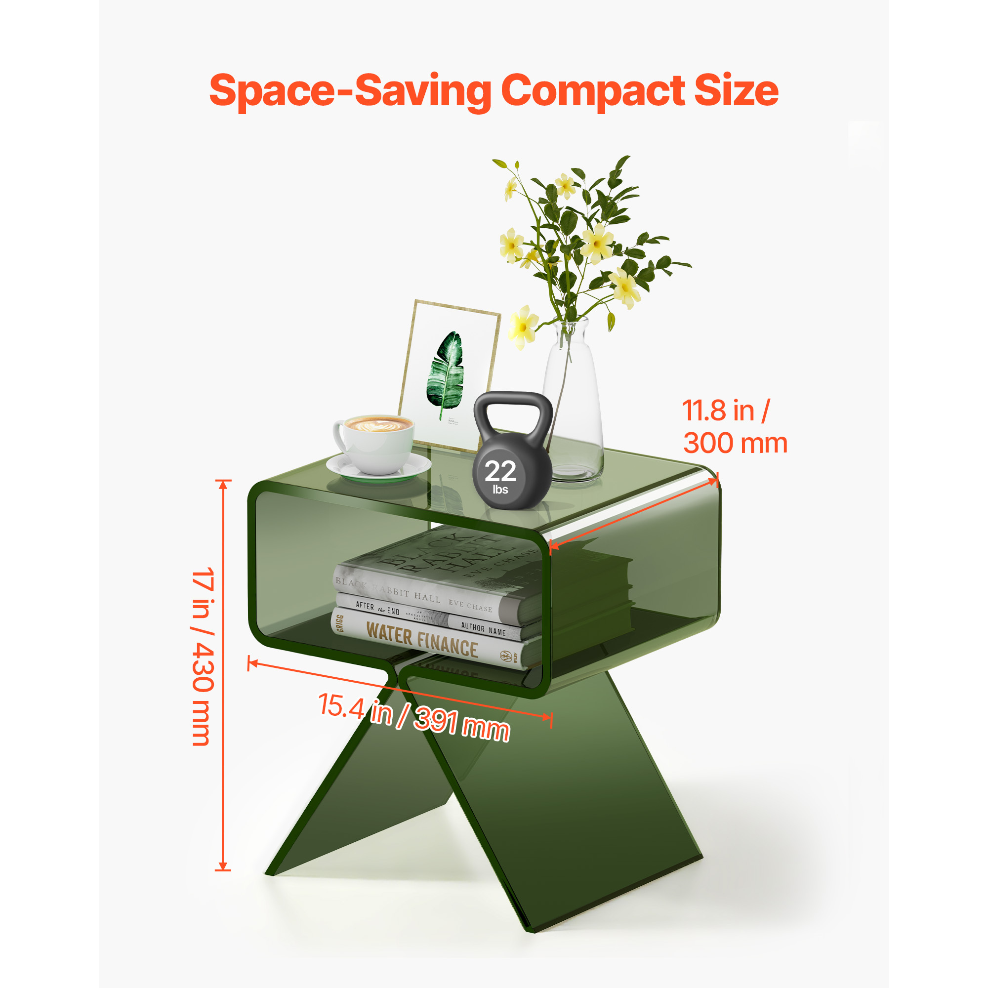 VEVOR Acrylic Nightstand Side Table, Modern Clear Bedside Table with Storage Shelf, Transparent Small End Desk for Living Room, Bedroom, Home Decor, No Assembly Needed, 11.8 x 15.4 x 17 in (Green)