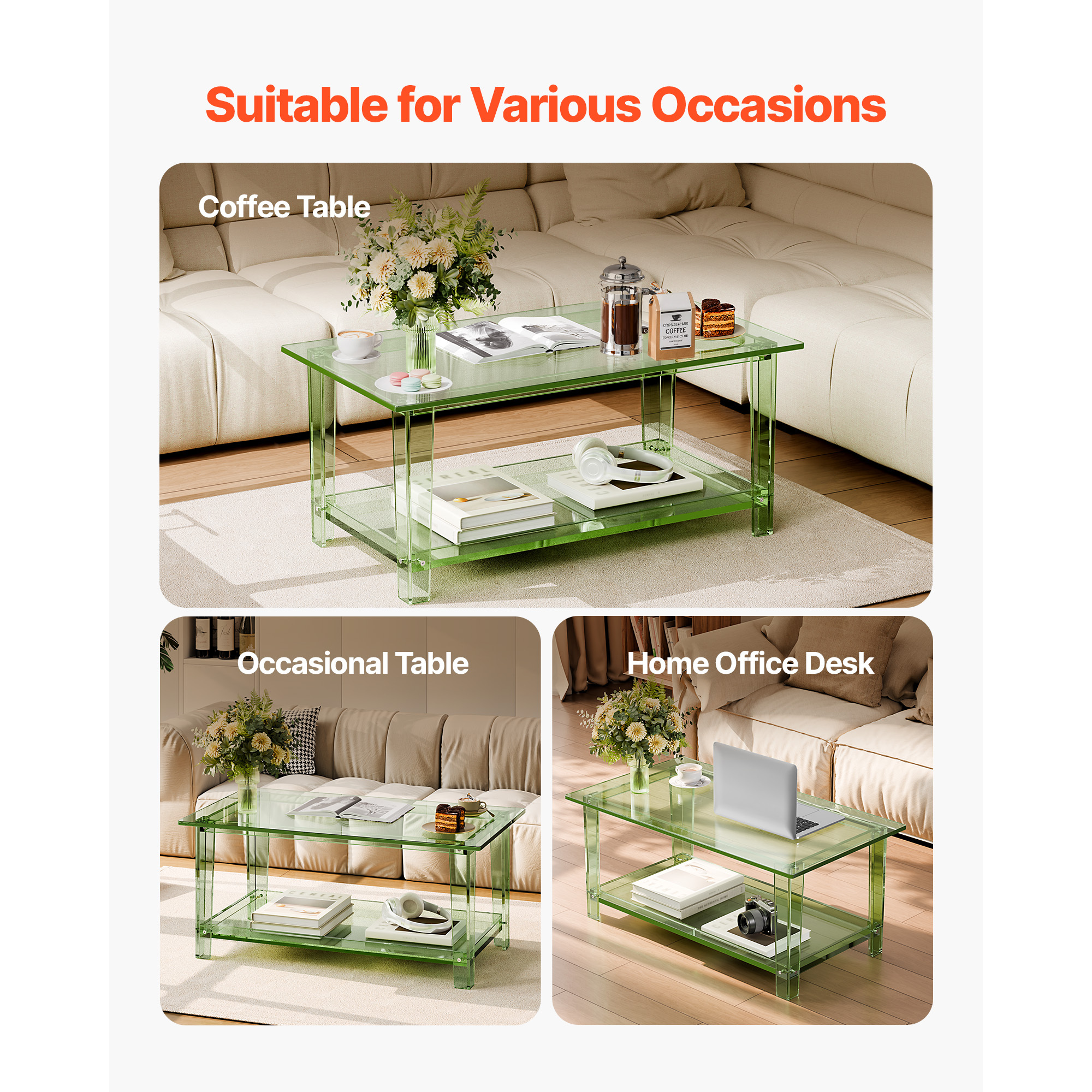 VEVOR Acrylic Coffee Table, 2 Tiers Center Table with Storage Shelf, Modern Rectangle Acrylic Coffee Desk, Ideal for Dining Room, Kitchen Island, Restaurant, Office, 19.7 x 31.5 x 15 in / 19.7 x 31.5 x 15.7 in (Green/Clear)