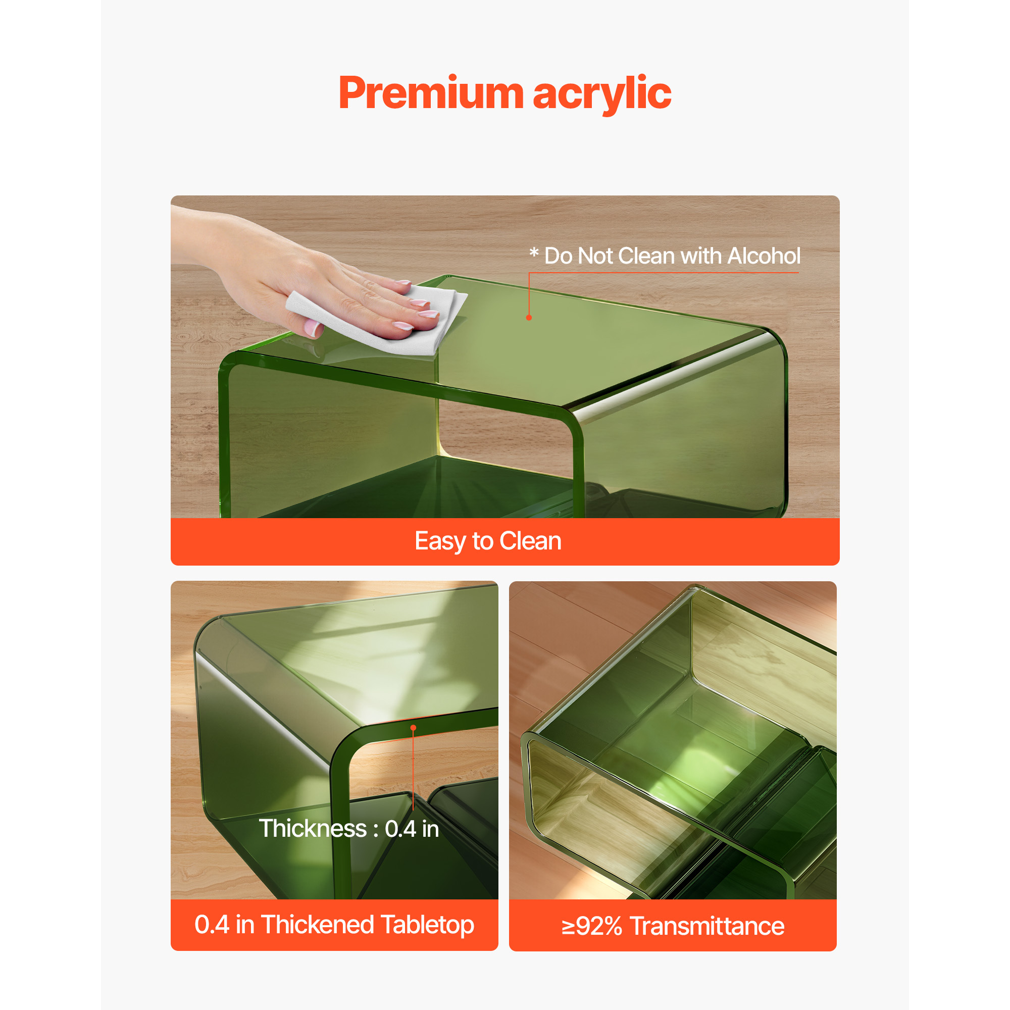 VEVOR Acrylic Nightstand Side Table, Modern Clear Bedside Table with Storage Shelf, Transparent Small End Desk for Living Room, Bedroom, Home Decor, No Assembly Needed, 11.8 x 15.4 x 17 in (Green)