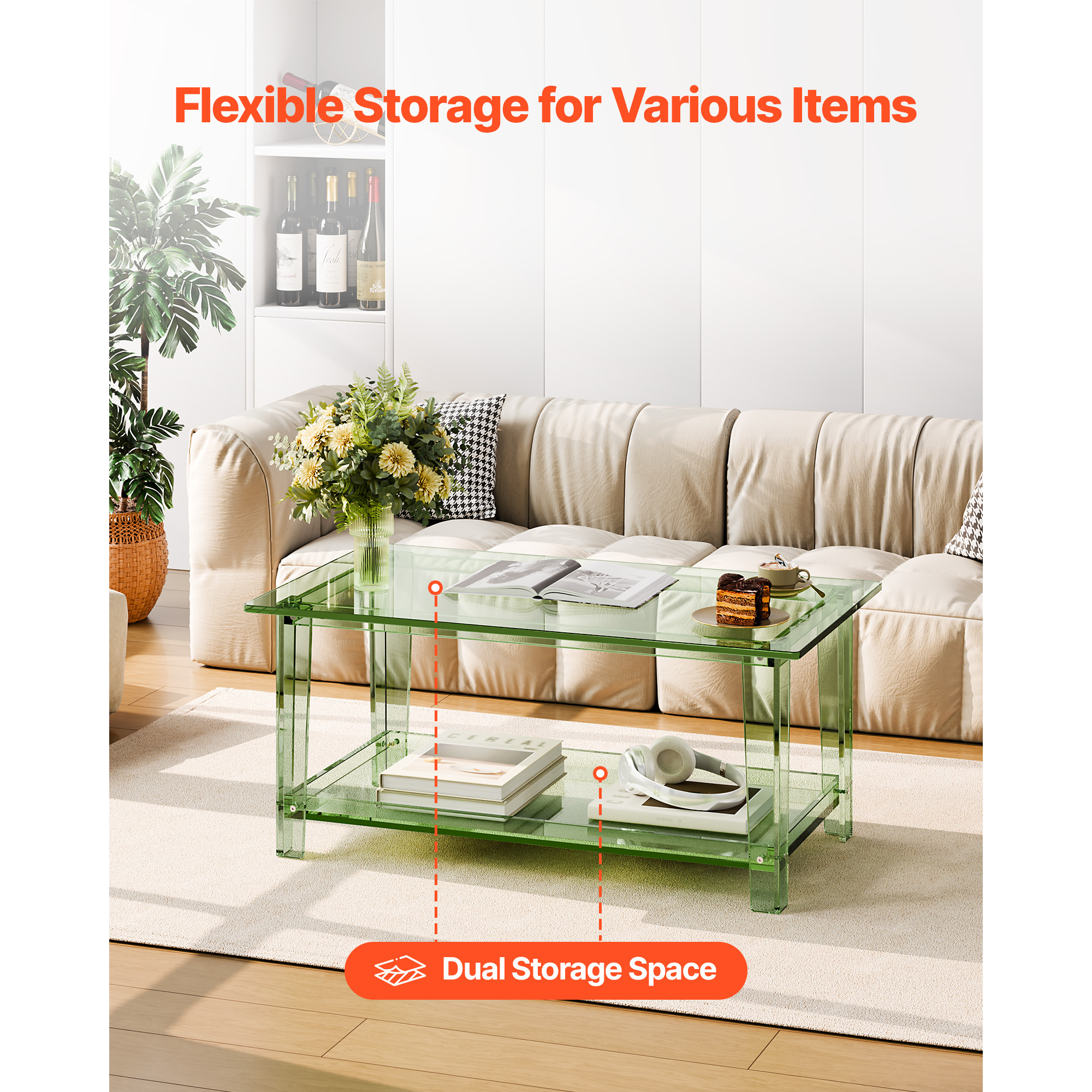 VEVOR Acrylic Coffee Table, 2 Tiers Center Table with Storage Shelf, Modern Rectangle Acrylic Coffee Desk, Ideal for Dining Room, Kitchen Island, Restaurant, Office, 19.7 x 31.5 x 15 in / 19.7 x 31.5 x 15.7 in (Green/Clear)